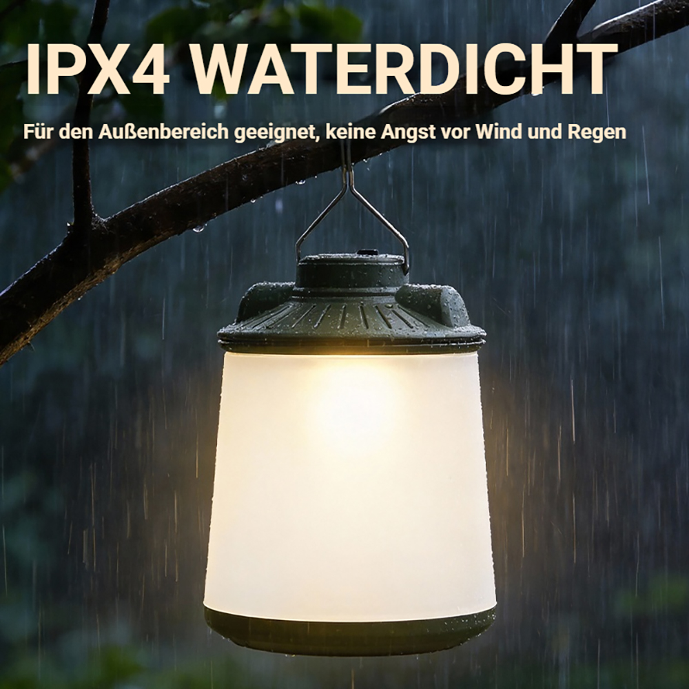 Eine grüne Laterne hängt an einem Ast. Es regnet.