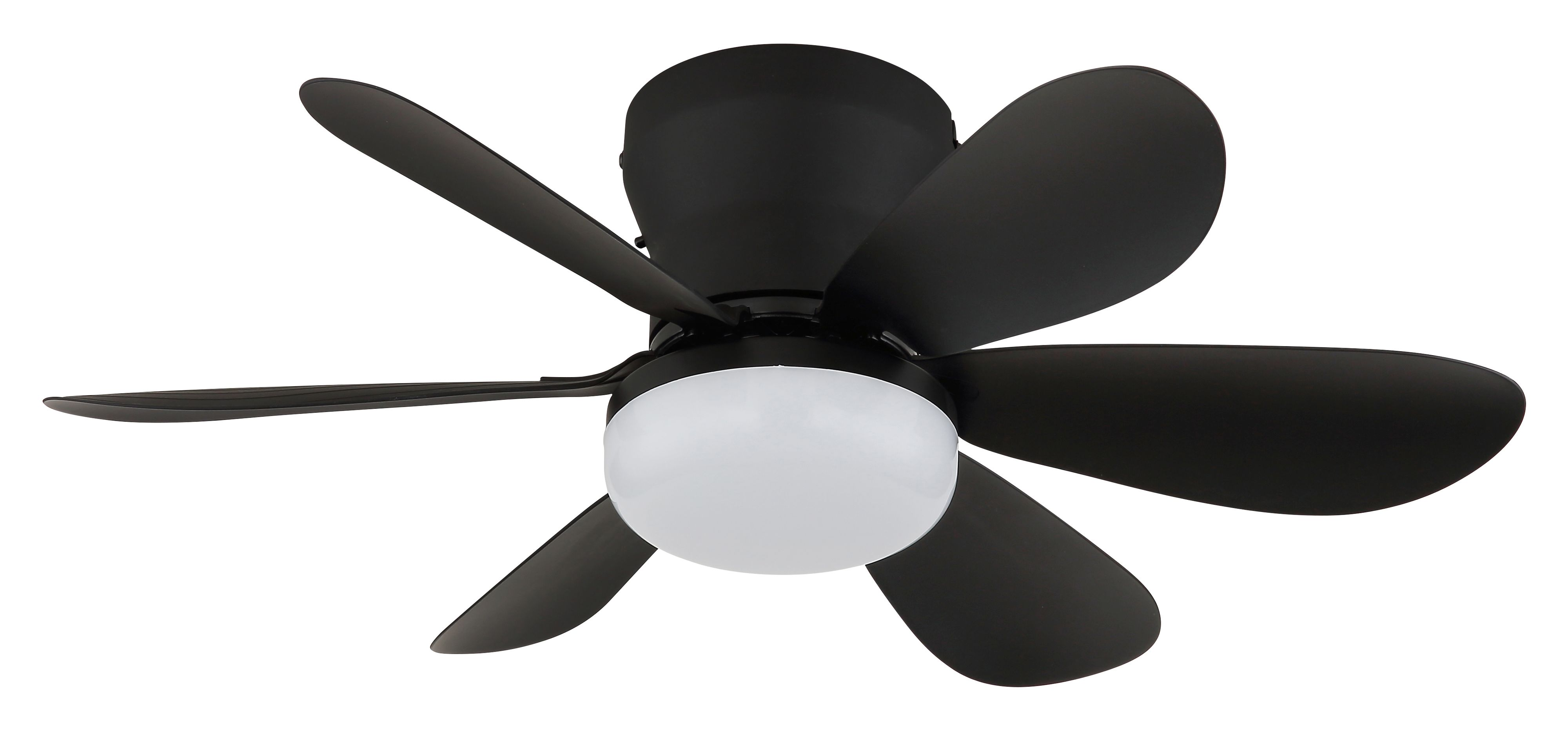 Schwarzer Deckenventilator mit sechs Rotorblättern und weißer Lampe.