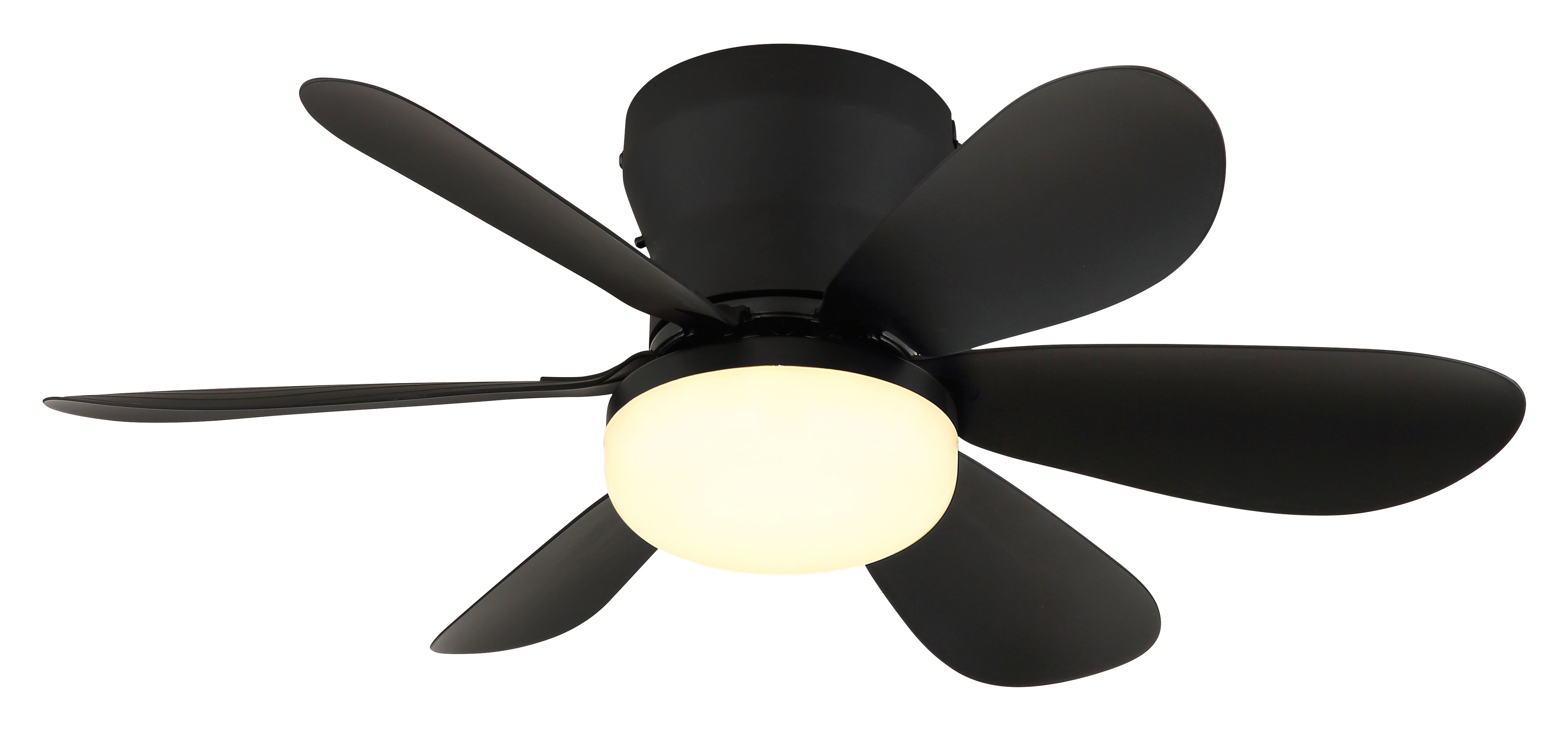 Schwarzer Deckenventilator mit fünf Flügeln und beleuchtetem Mittelteil.