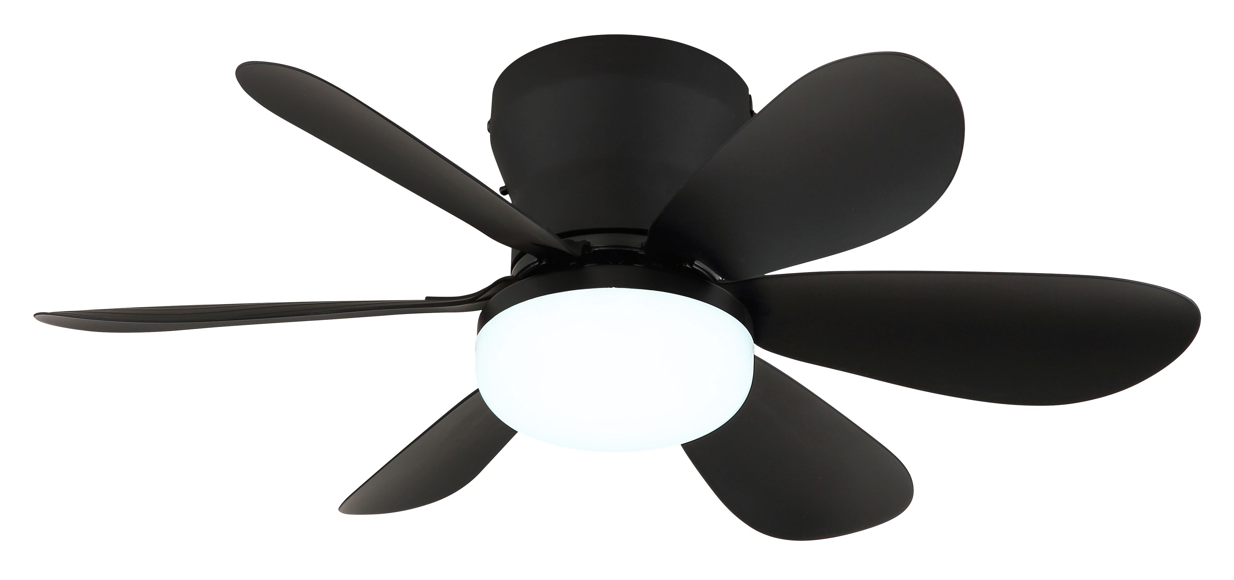 Ein schwarzer Deckenventilator mit sechs Flügeln und zentralem Licht.