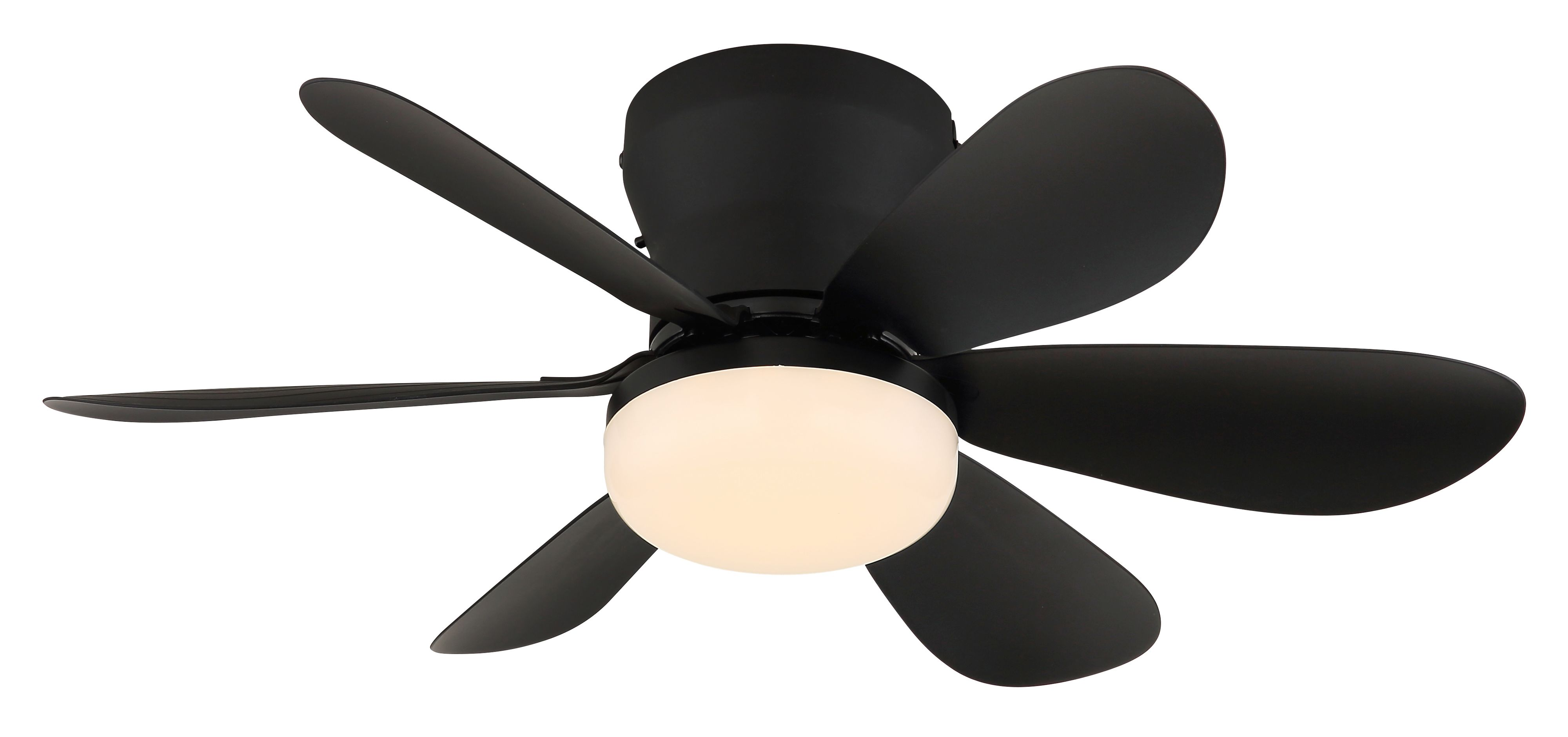 Ein schwarzer Deckenventilator mit sechs Flügeln und einer runden Leuchte.