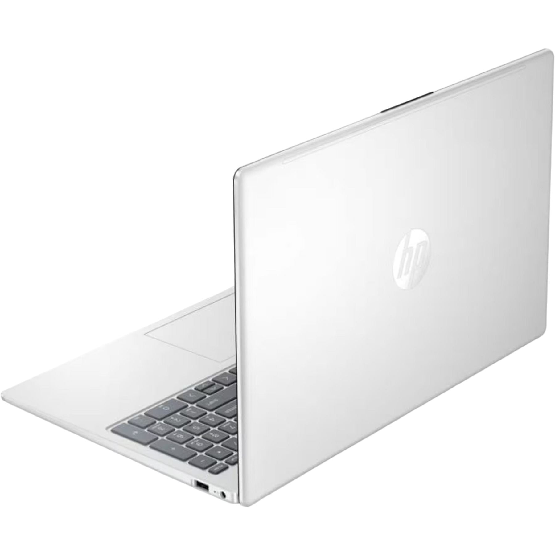 Ein silberner HP Laptop ist auf weißem Hintergrund zu sehen. Die Rückseite des Laptops ist geöffnet.