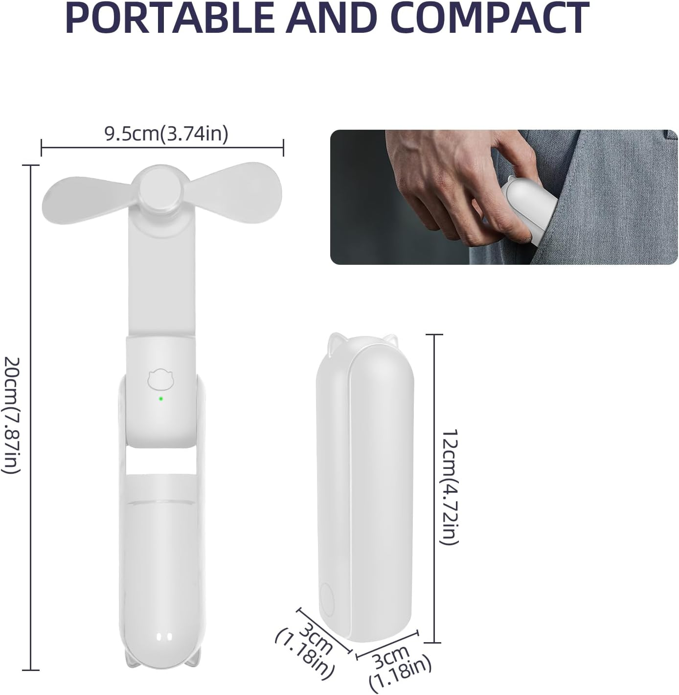 Ein ausklappbarer weißer Ventilator mit Maßen und daneben ein geschlossener Ventilator.