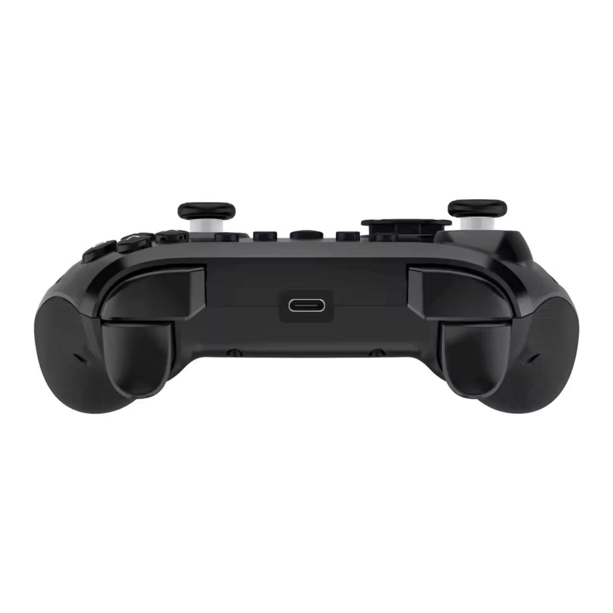 Schwarzer Gaming-Controller mit USB-C-Anschluss und zwei Steuerknüppeln.