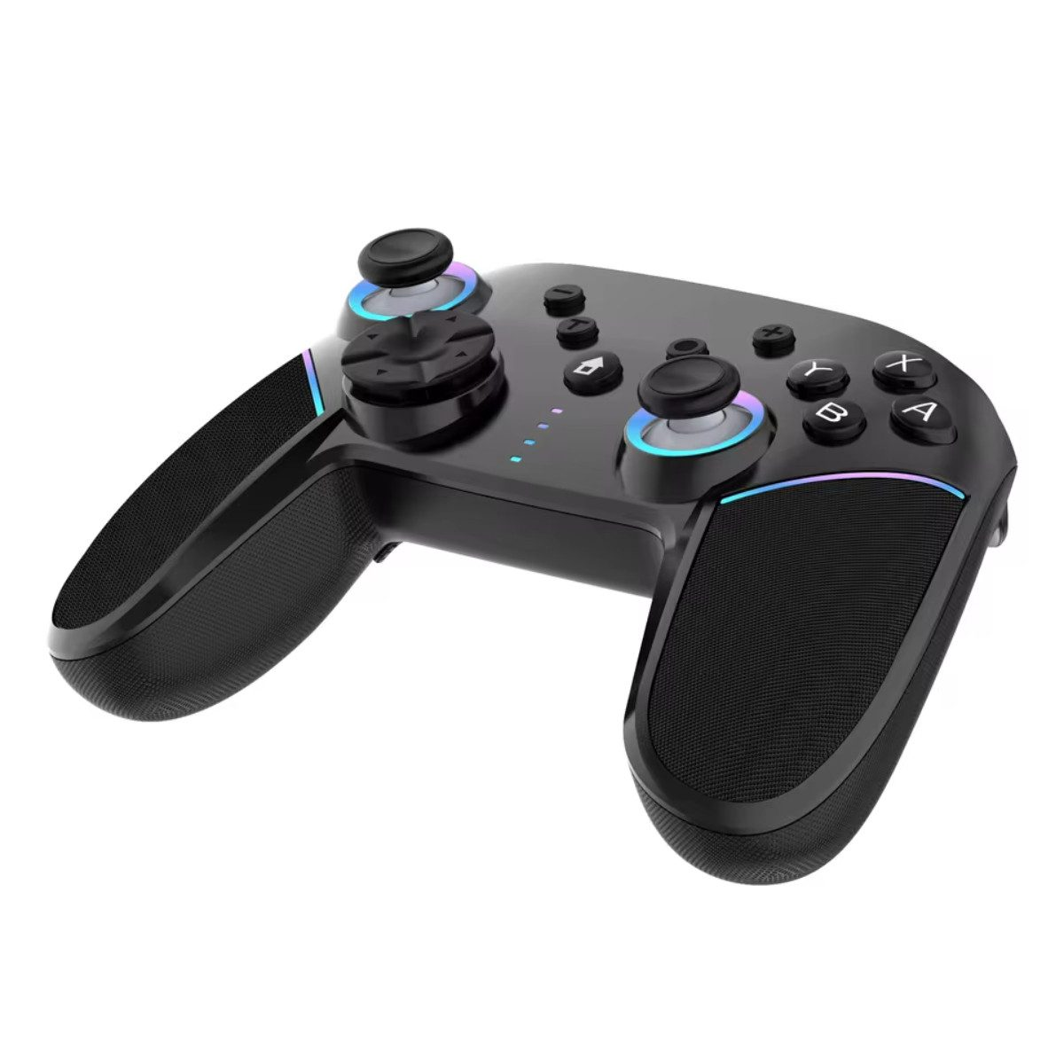 Schwarzer Gamecontroller mit blau-lila Akzenten und beleuchteten Tasten.