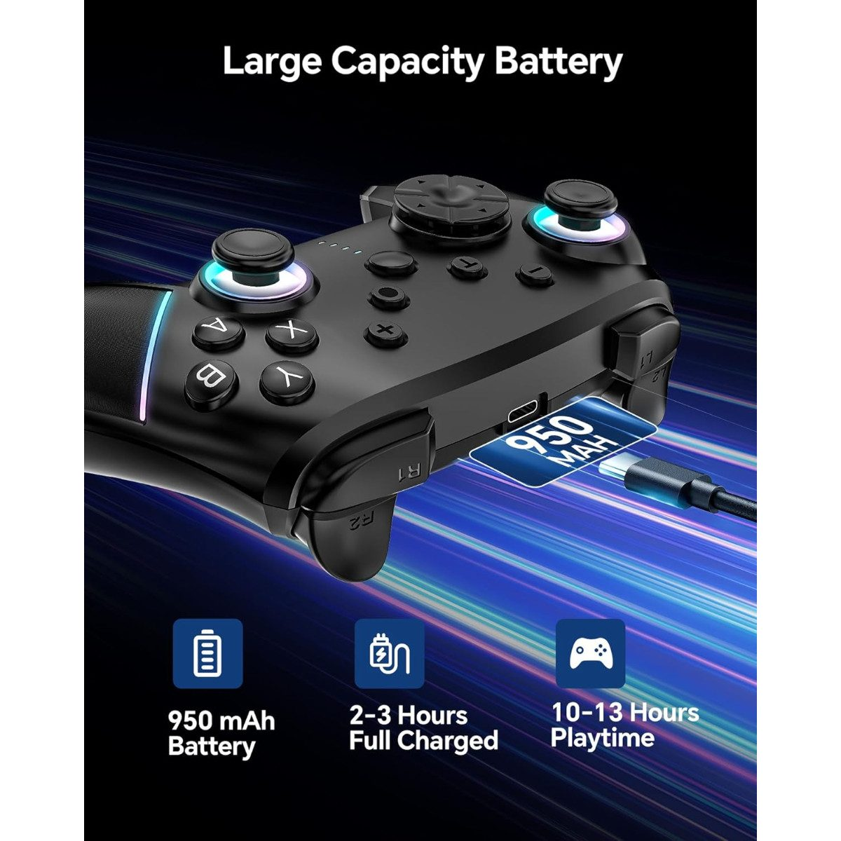 Schwarzer Controller mit 950 mAh Akku, lädt in 2-3h, Spielzeit 10-13h.