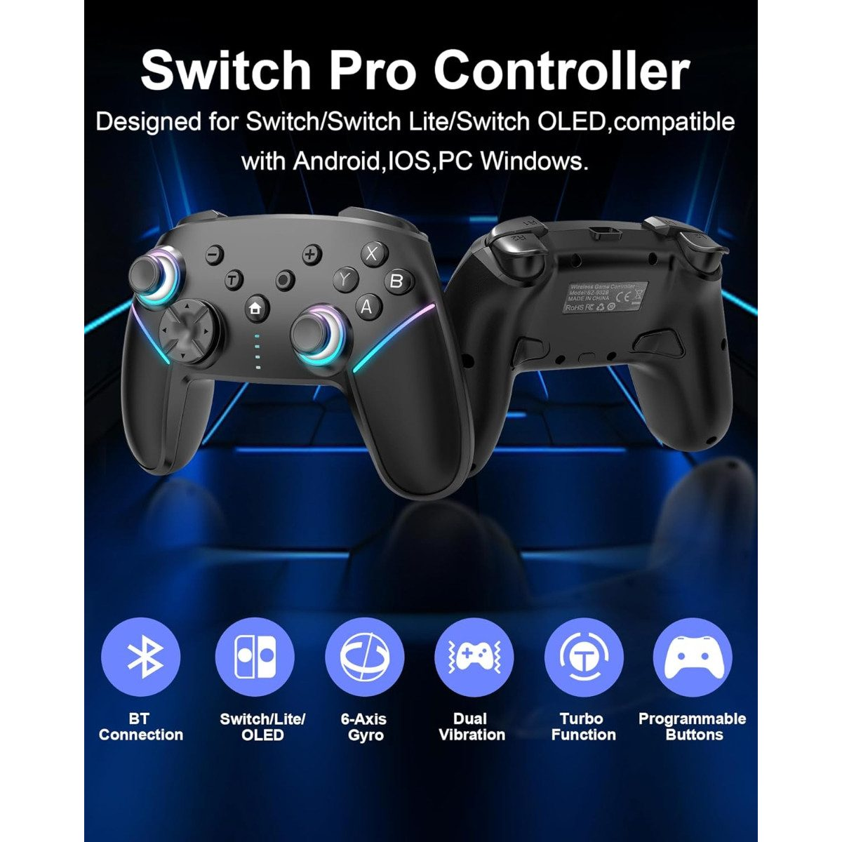 Eine schwarze Switch Pro-Controller mit bunten LED-Akzenten und Symbolen für Funktionen.