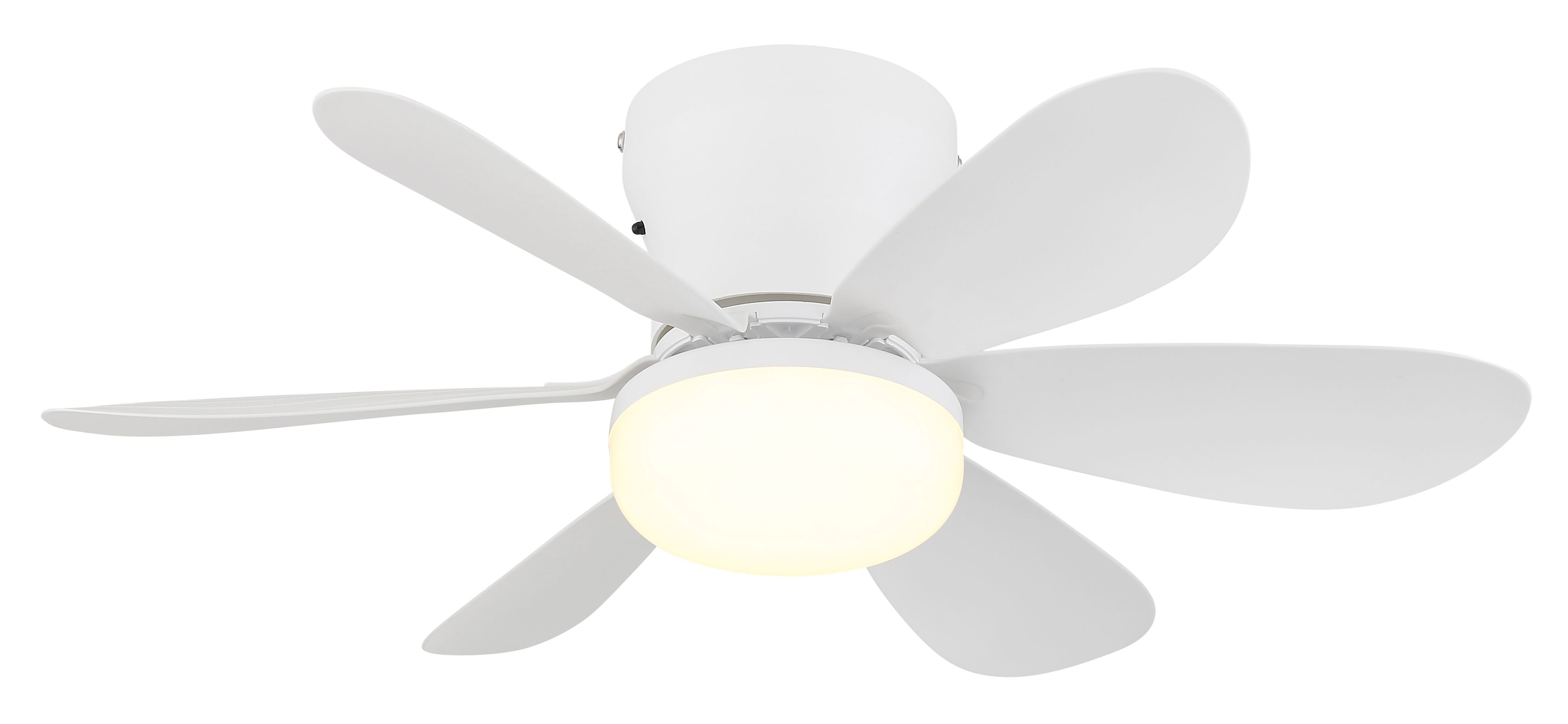 Ein weißer Deckenventilator mit sechs Flügeln und einer runden, leuchtenden Lampe.