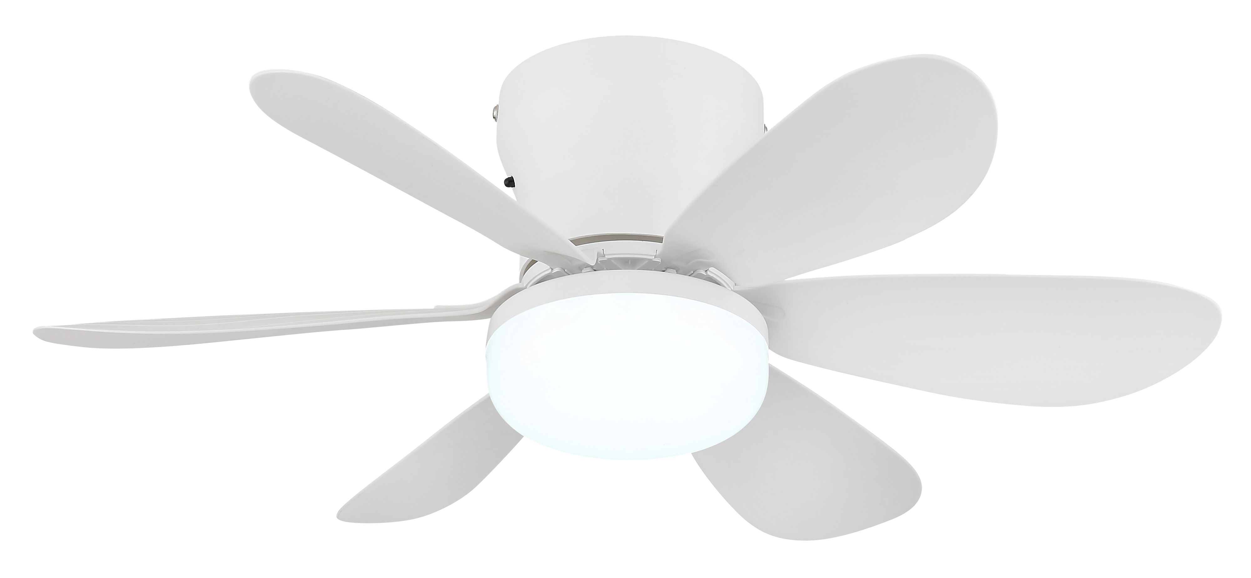Ein weißer Deckenventilator mit fünf Flügeln und einer runden Lampe darunter.