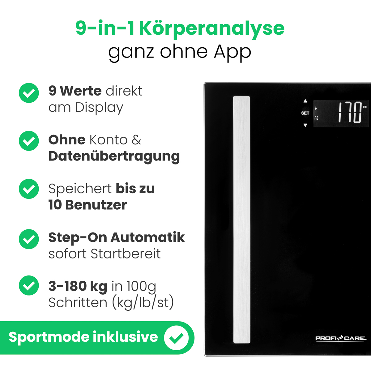 Schwarze Personenwaage mit Display zeigt 170. Bietet 9 Körperanalysewerte ohne App.