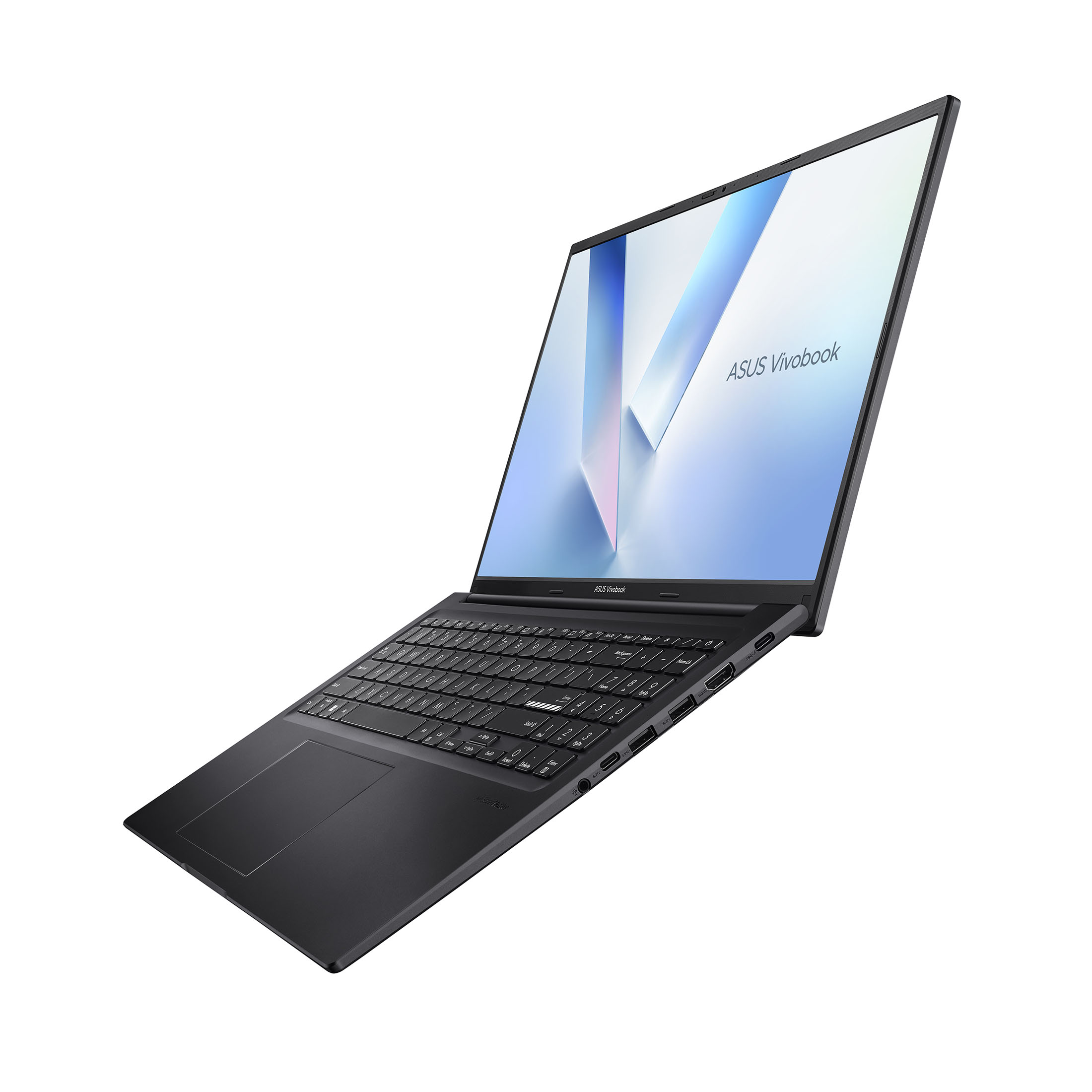 Schwarzer ASUS Vivobook Laptop auf weißem Hintergrund, von links gezeigt.