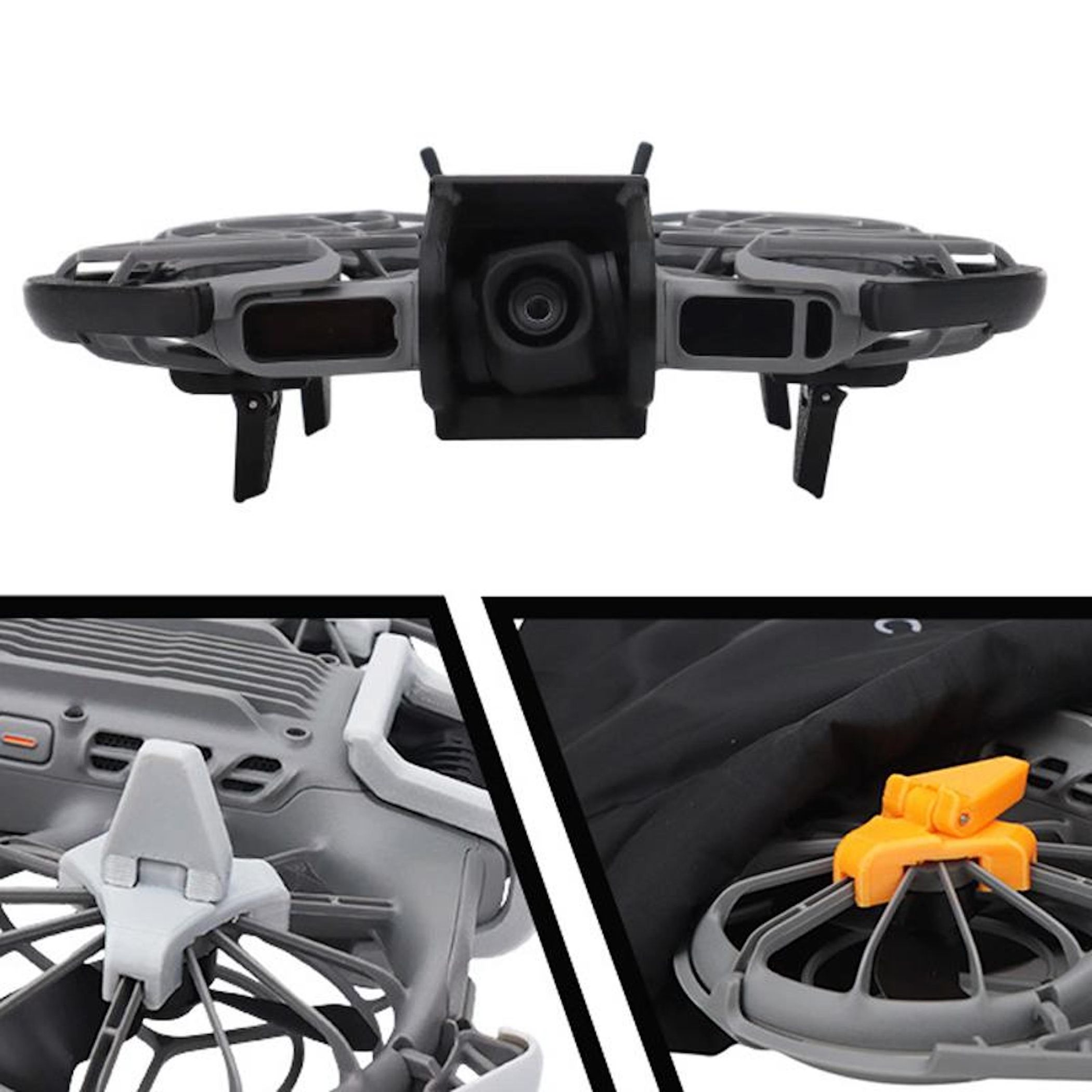 Protezione drone grigia con fotocamera e clip arancione.