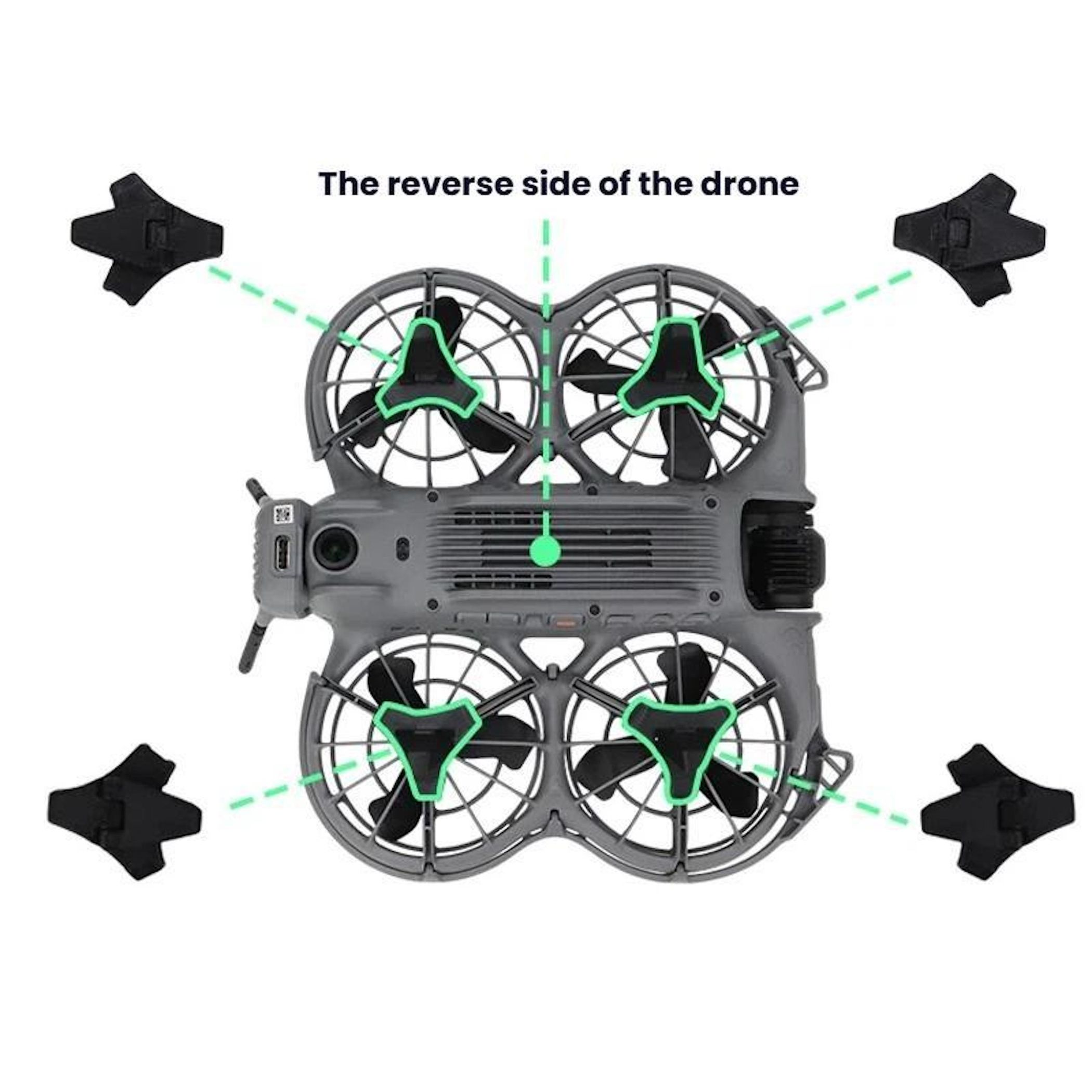 Lato posteriore di un drone grigio con quattro eliche e gabbie protettive.