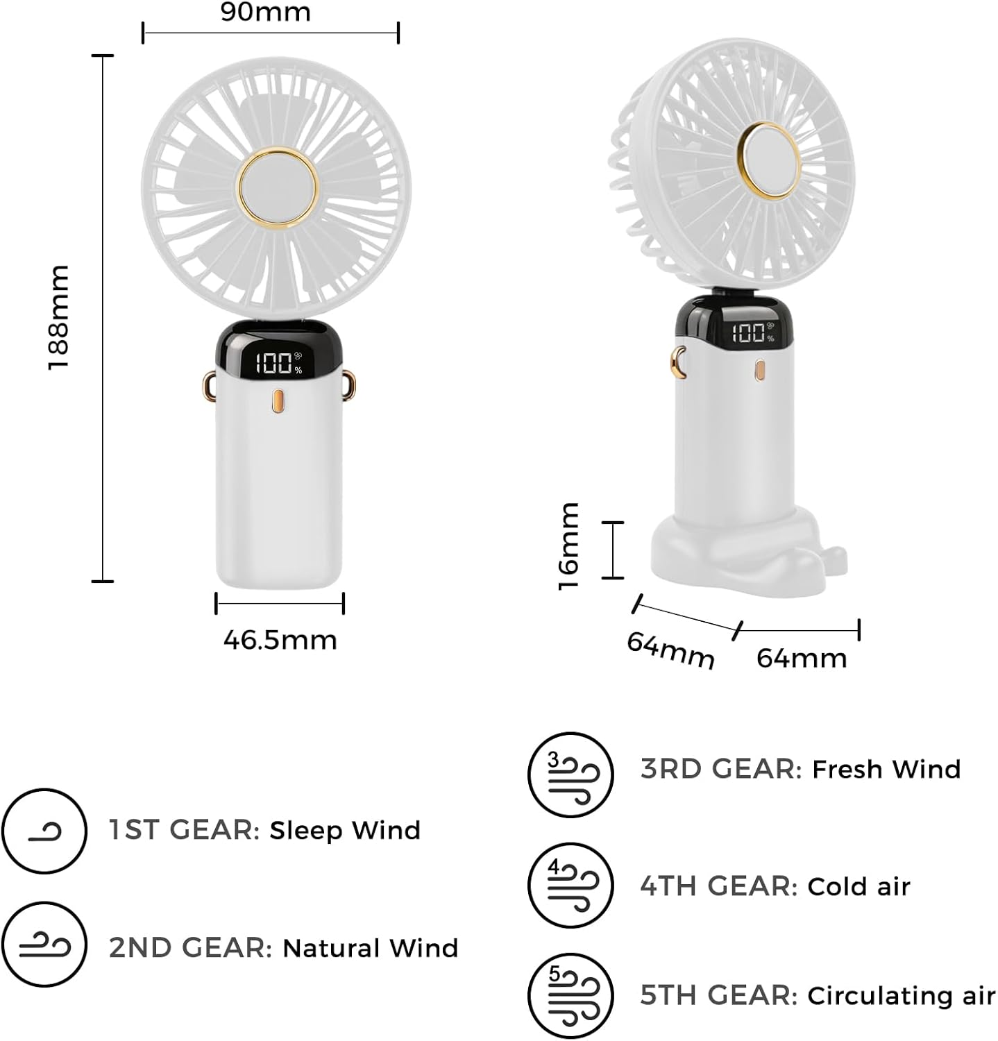 Ein weißer Ventilator mit Abmessungen und Gangeinstellungen.
