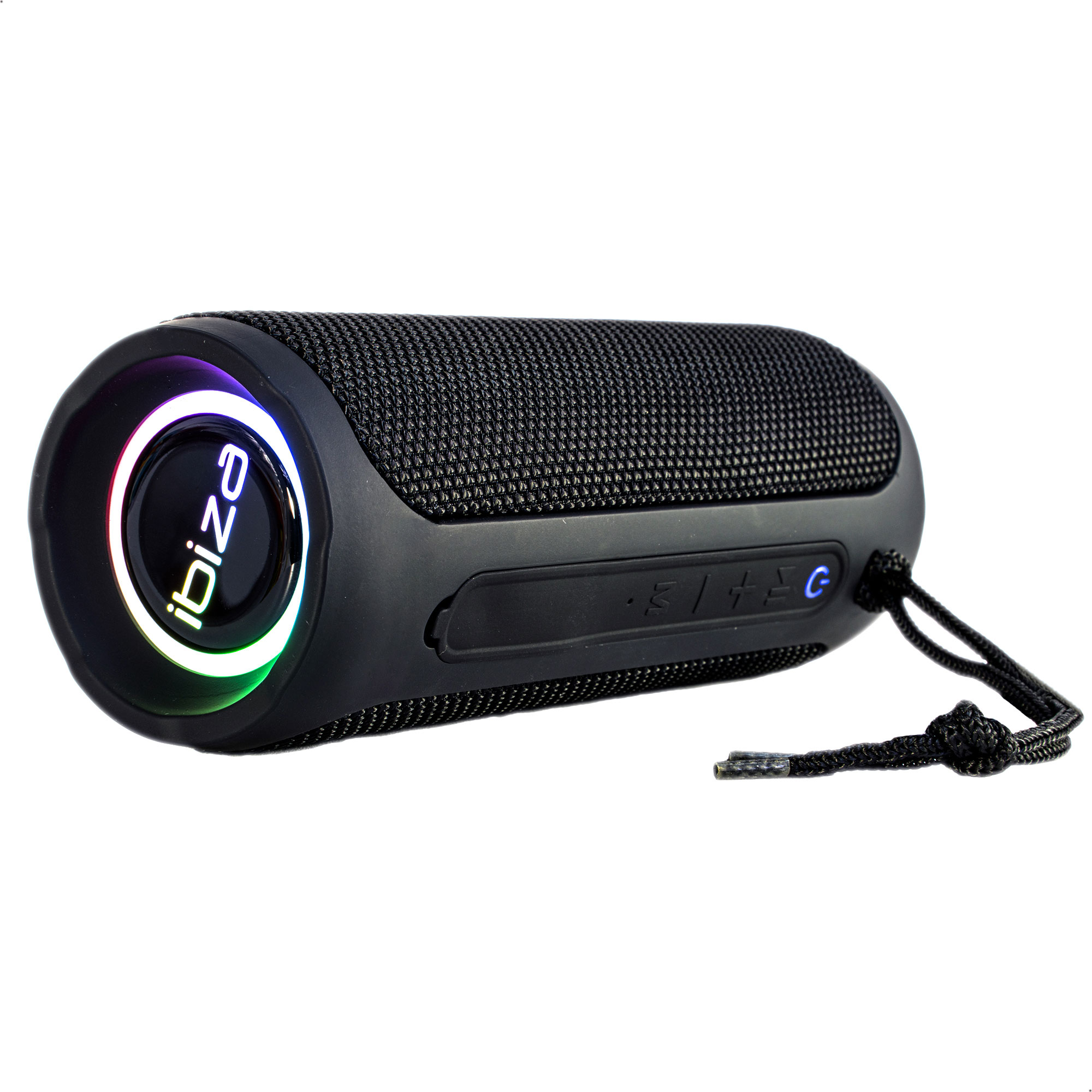 Schwarzer Ibiza-Lautsprecher mit buntem LED-Ring an der Seite.