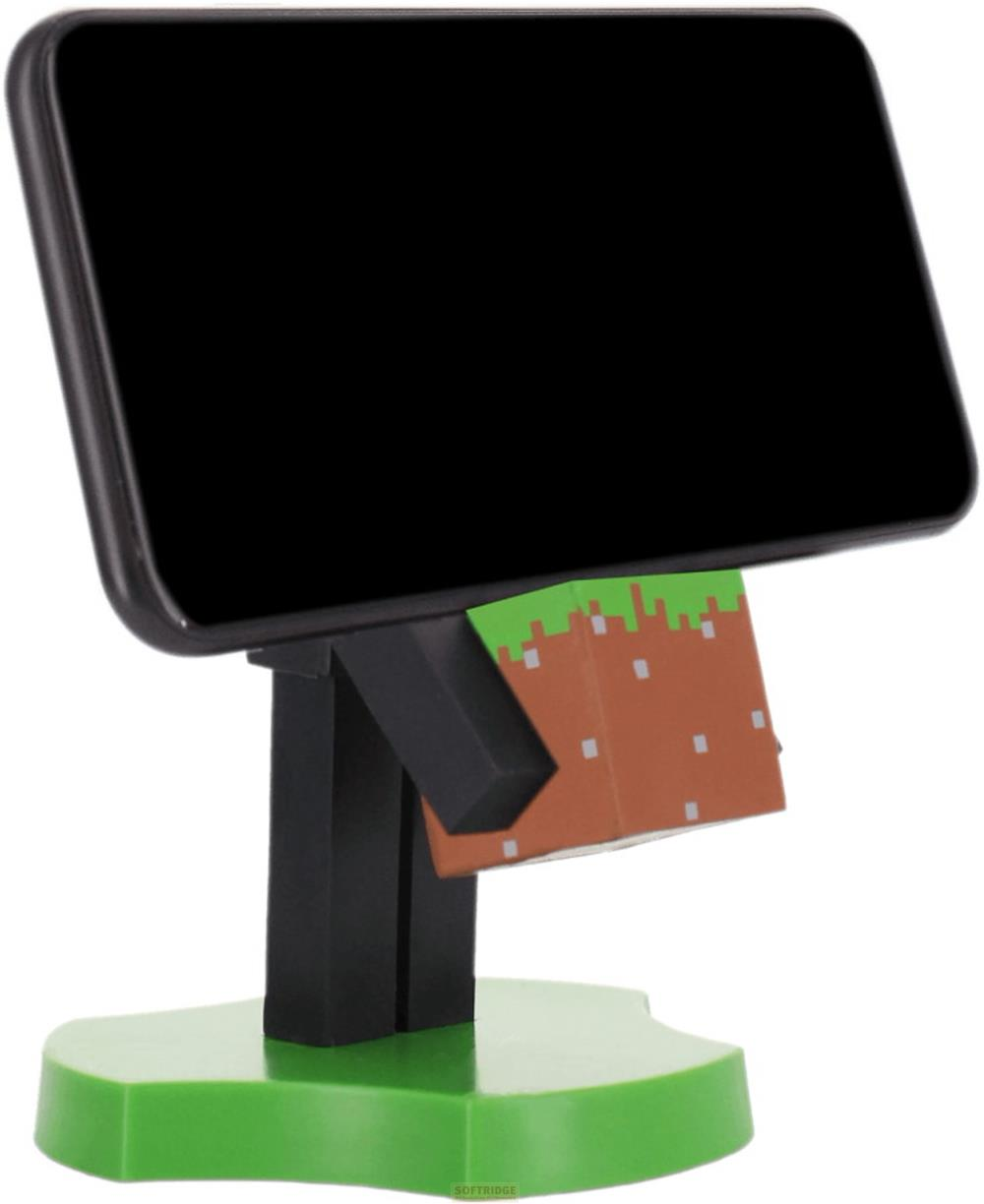 Ein schwarzer Handyhalter mit Minecraft-Figur auf grünem Sockel.