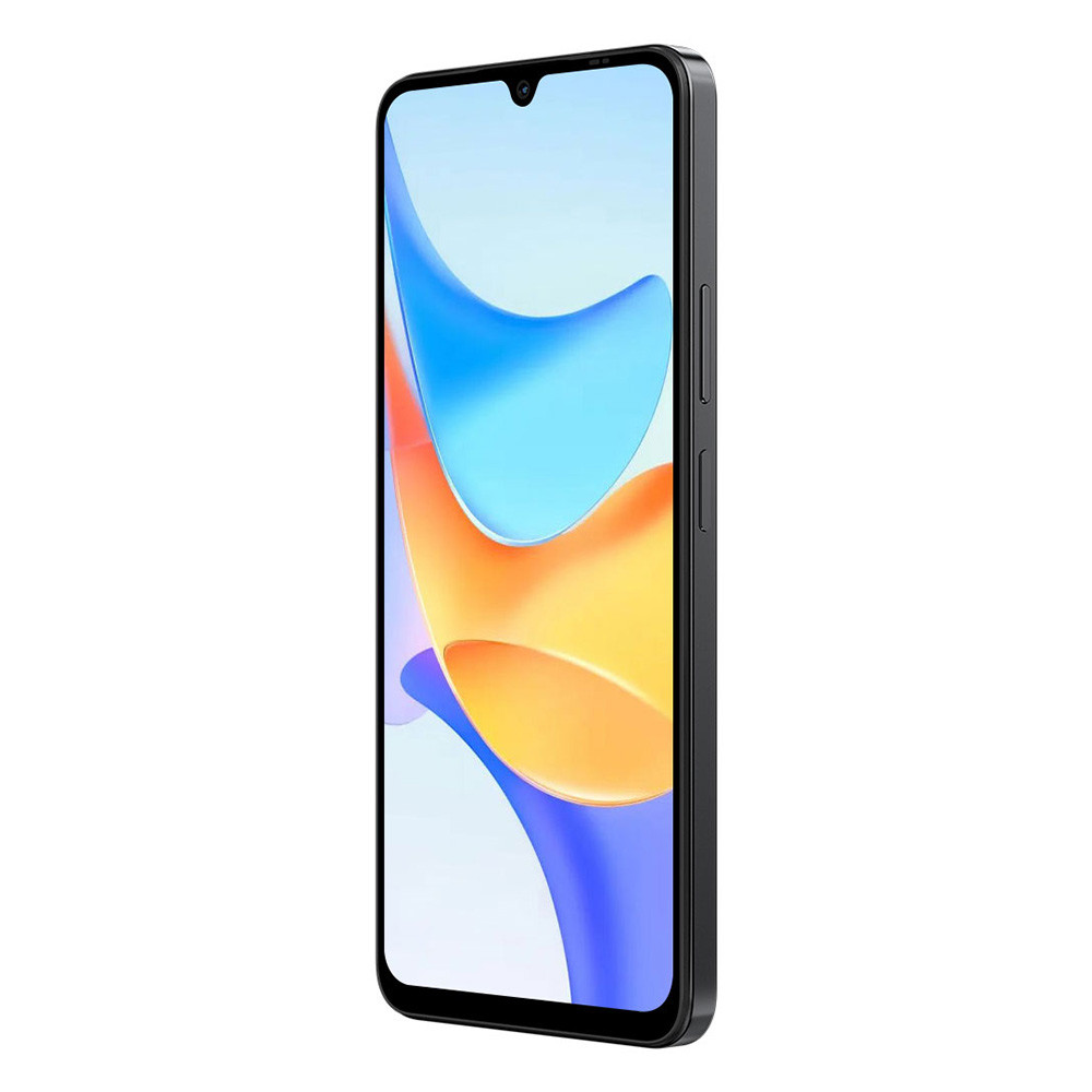 Ein schwarzes Smartphone mit einem tropfenförmigen Ausschnitt im Display, das abstrakte Formen zeigt.