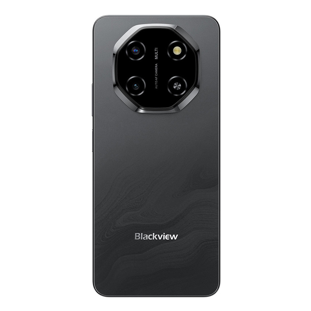 Rückseite eines schwarzen Smartphones mit vier Kameras und dem Blackview-Logo.