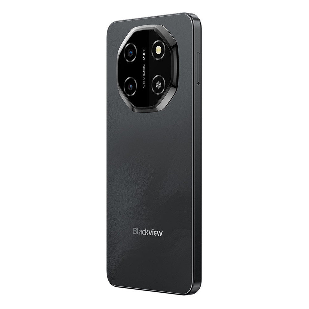 Rückseite eines schwarzen Smartphones mit vier Kameras in einem ovalen Modul.