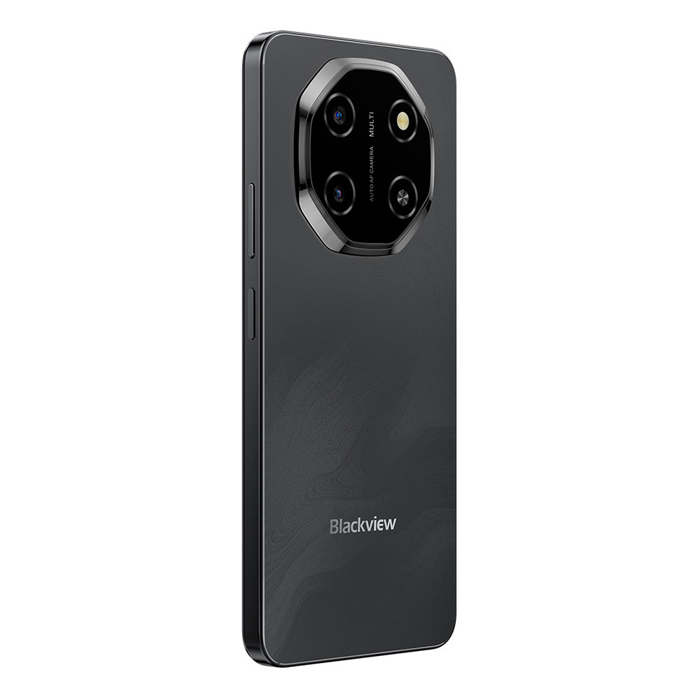 Rückseite eines schwarzen Smartphones mit vier Kameras und dem Blackview-Logo.