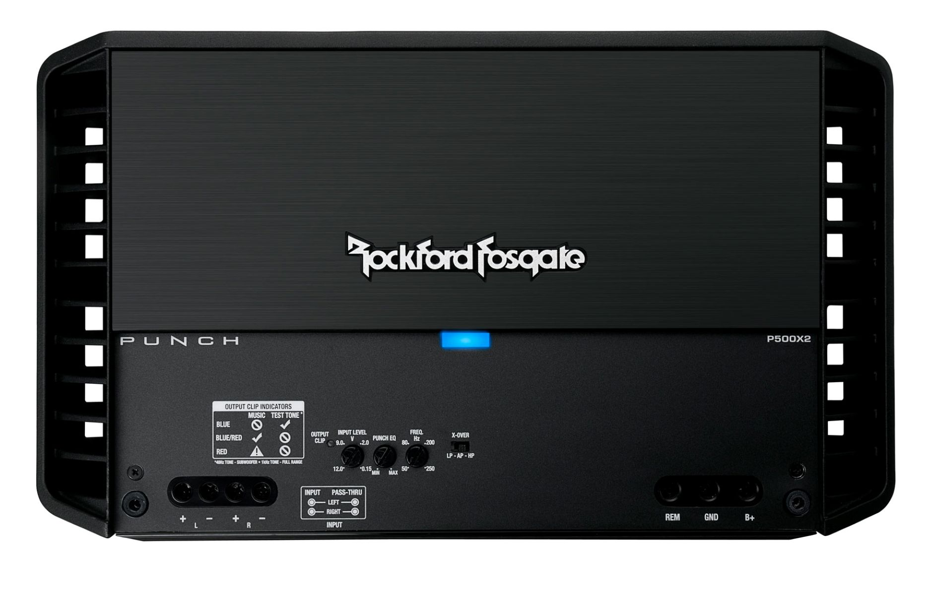 Schwarzer Rockford Fosgate P500X2 Verstärker mit Anschlüssen und Bedienelementen.
