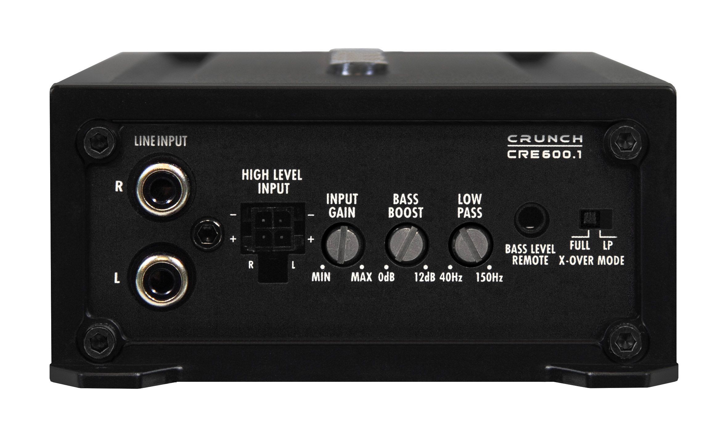 Schwarzer Verstärker mit Beschriftungen: Line In, High Level Input, Gain, Bass Boost, Low Pass.