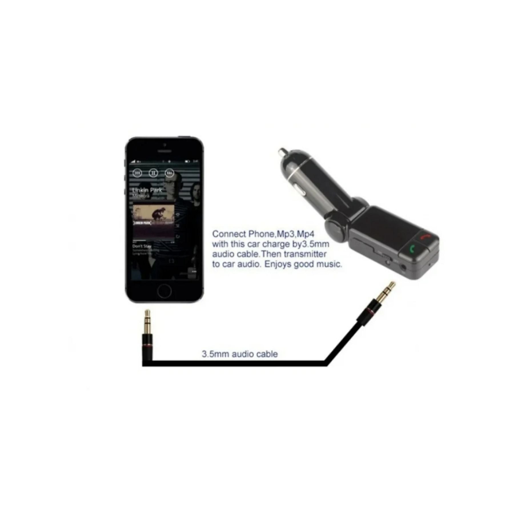 Ein Smartphone, ein Auto-Ladegerät und ein Audiokabel auf weißem Hintergrund.