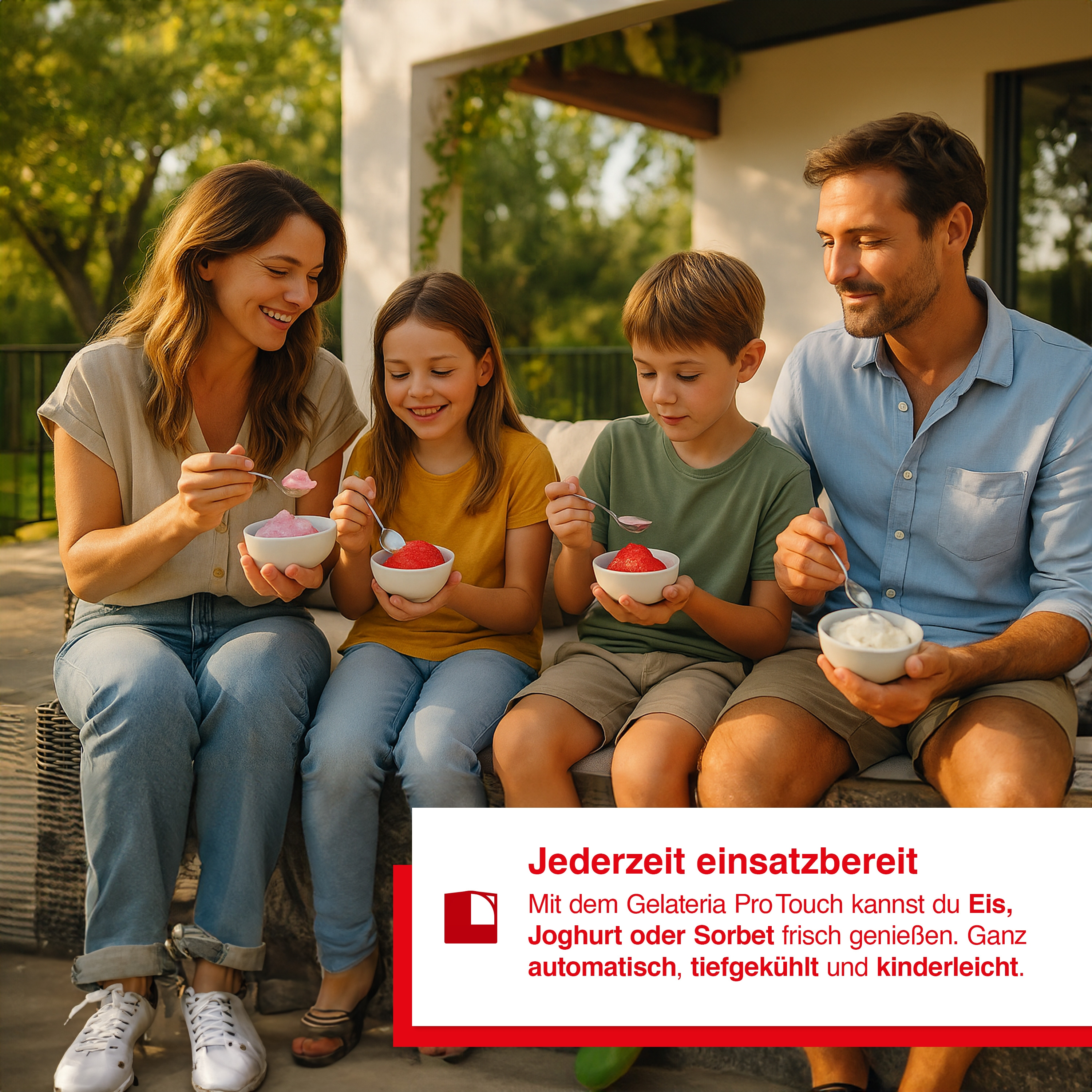 Eine Familie genießt Eis im Freien an einem sonnigen Tag.