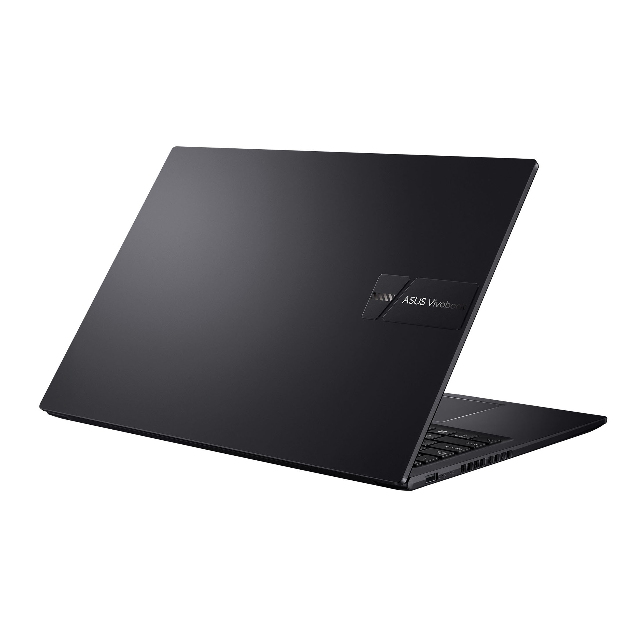 Schwarzer Asus Vivobook Laptop, mit Logo auf der Oberseite, auf weißem Hintergrund.