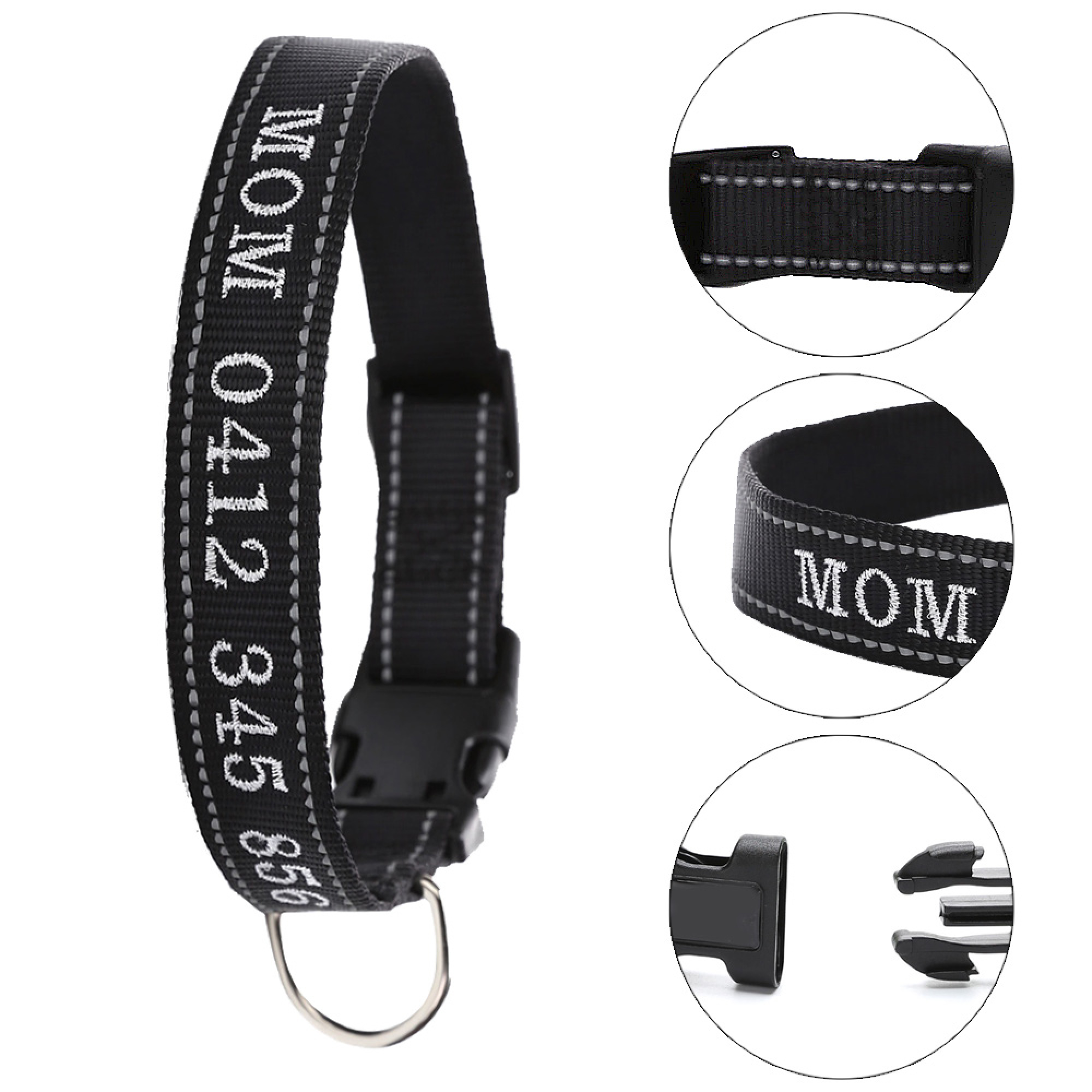 Ein schwarzes Hundehalsband mit reflektierenden Nähten und dem Wort MOM und Zahlen.