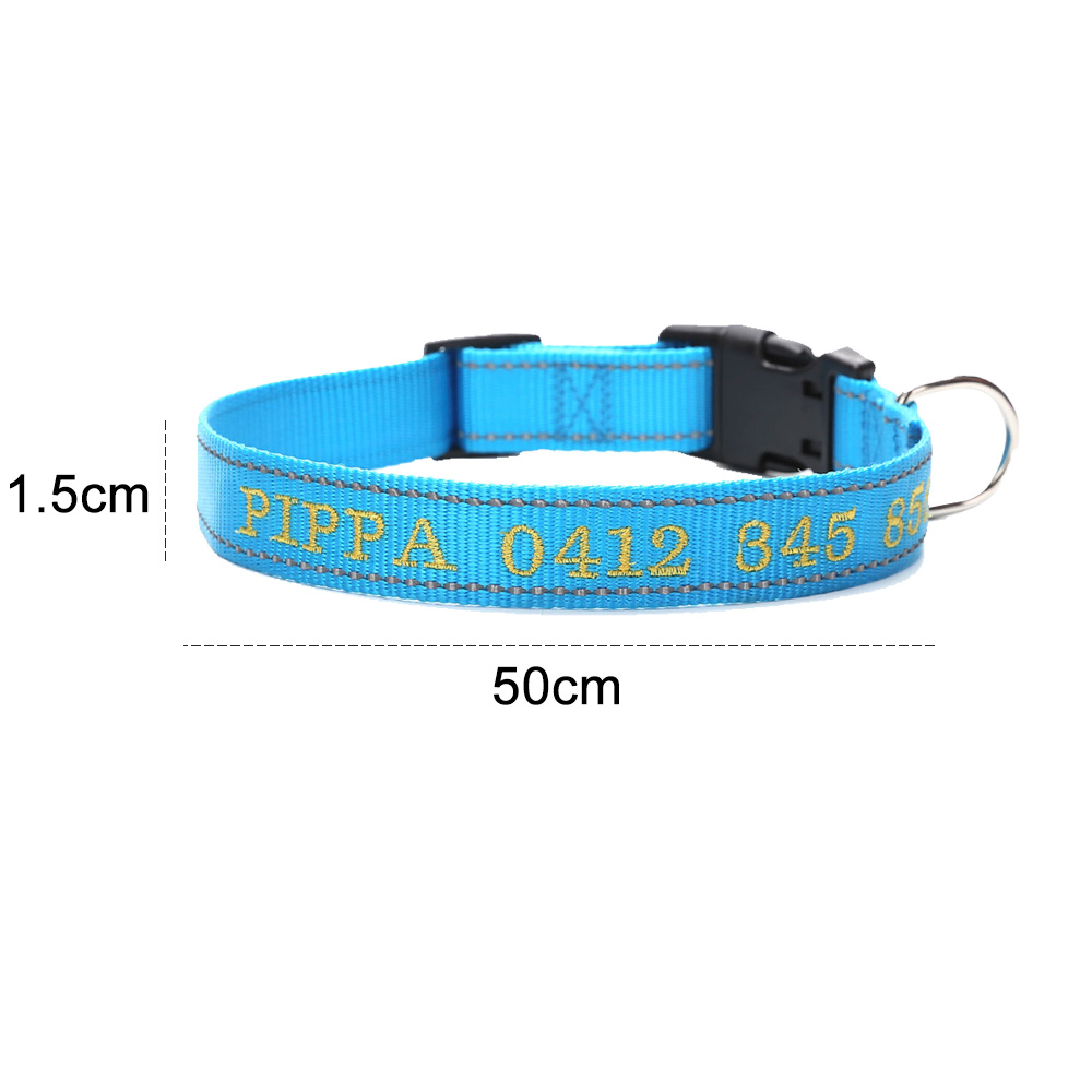 Blauer Hundehalsband mit gelber Schrift "PIPA 0412 345 65", 50cm lang, 1.5cm breit.