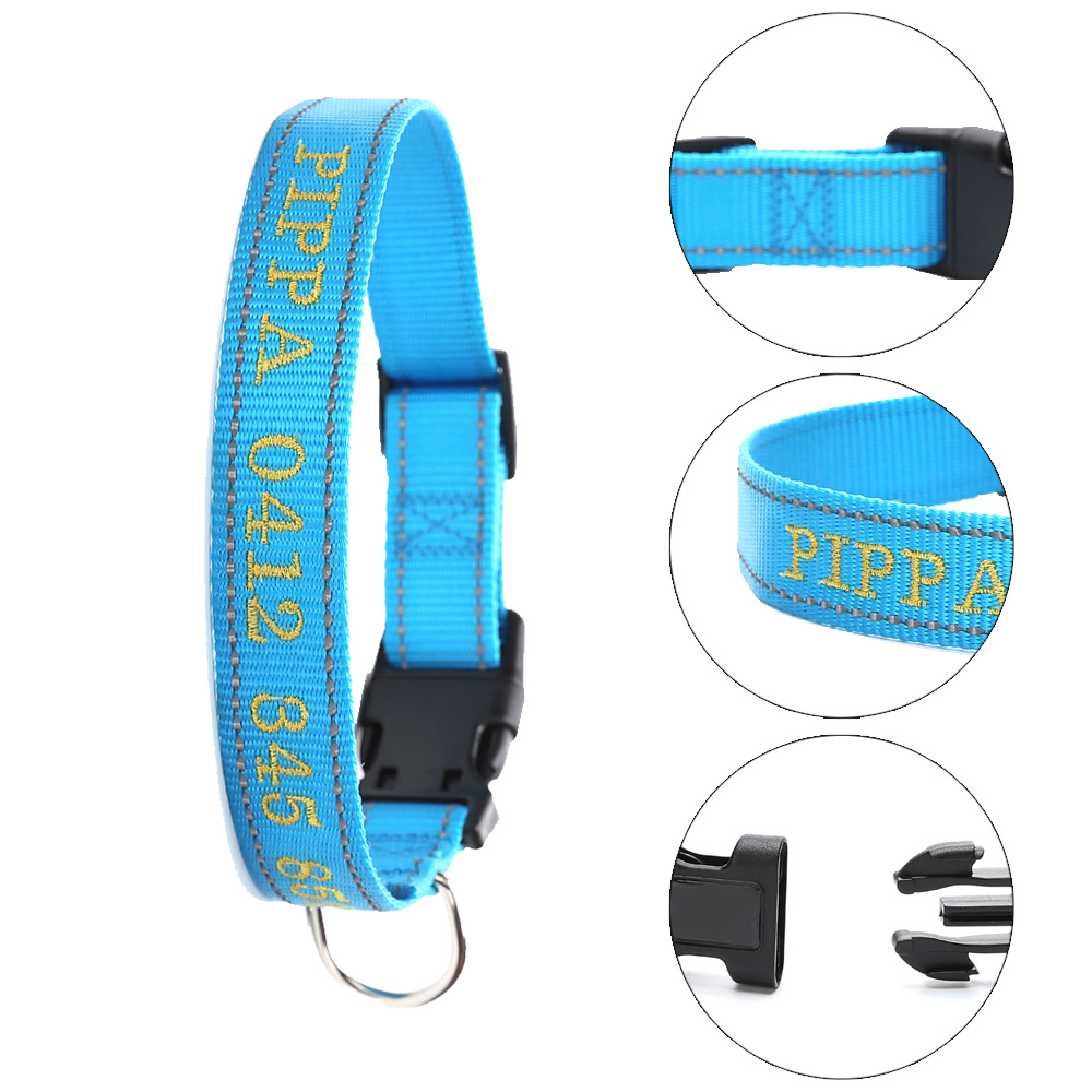 Ein blaues Hundehalsband mit gelbem Text 'PIPPA 0412 645 656'.