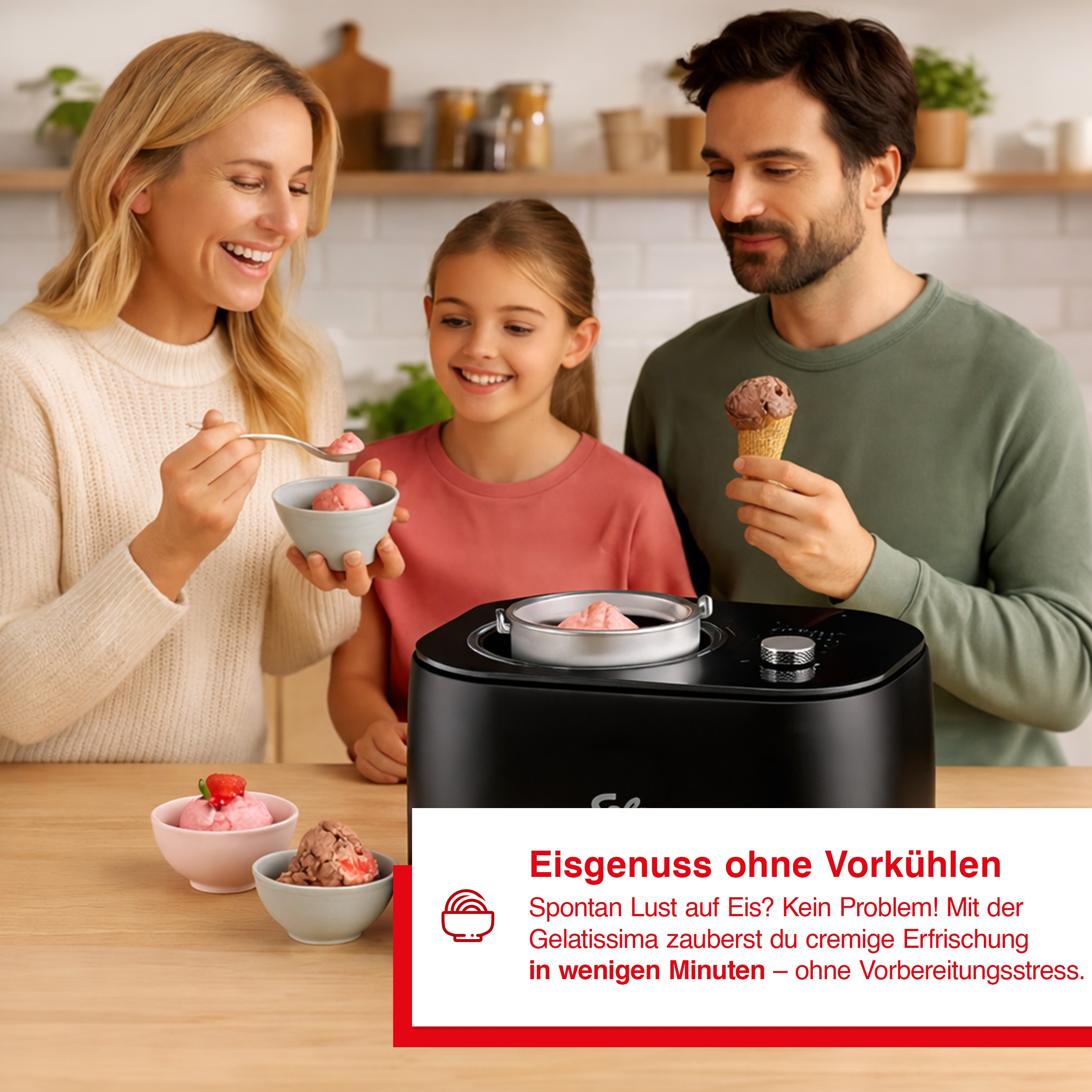 Familie genießt Eis von einer Eismaschine.