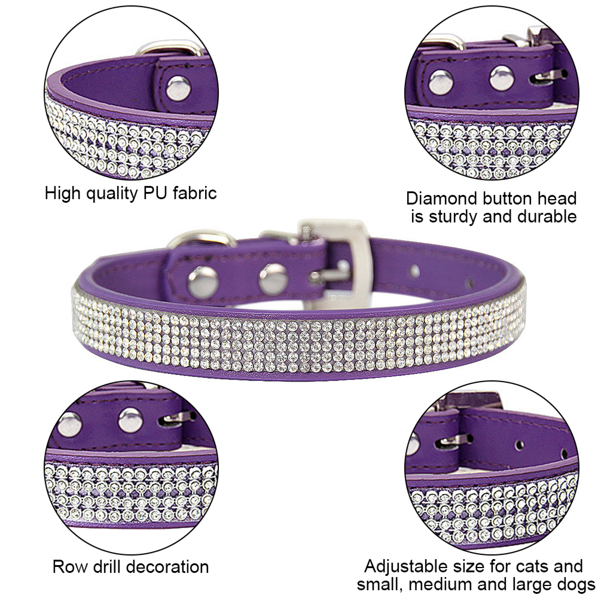 Lila Hundehalsband mit Strasssteinen und Metallschnalle, verstellbar für Katzen und Hunde.
