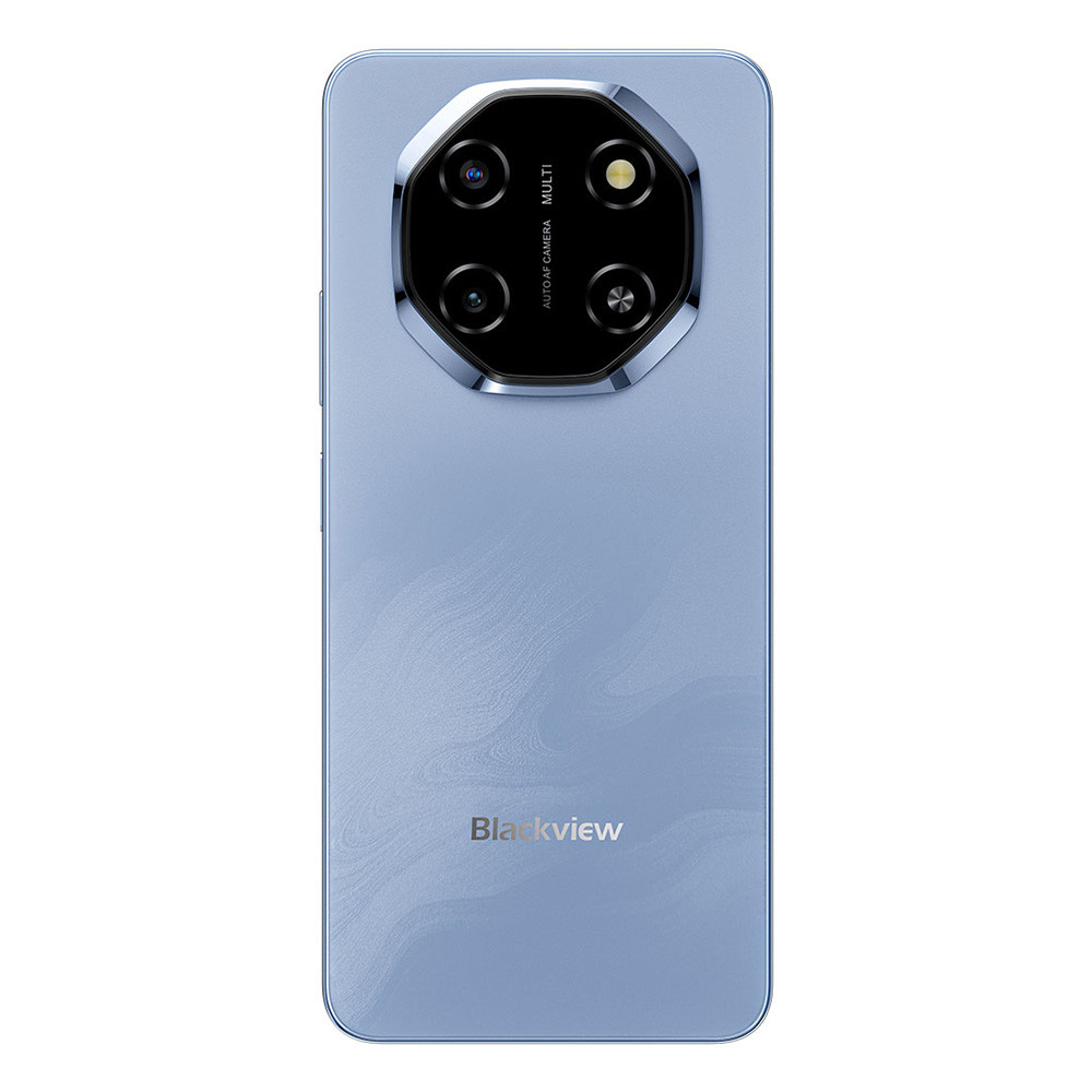 Rückseite eines hellblauen Smartphones mit einem achteckigen Kameramodul und dem Blackview-Logo.