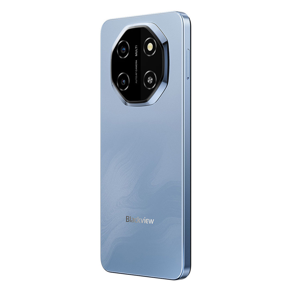 Ein blaues Smartphone mit einem achteckigen Kameramodul und vier Linsen.