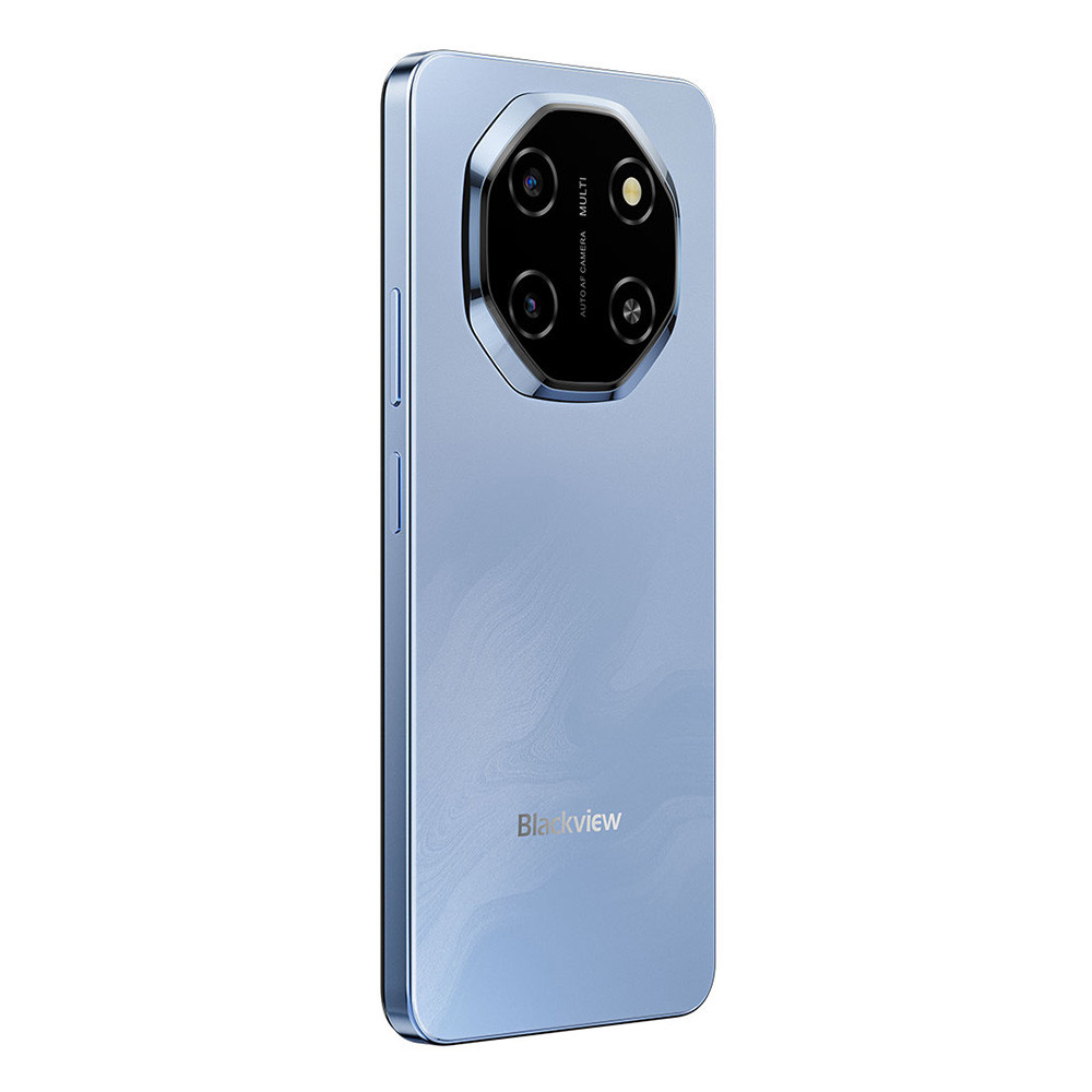 Ein blaues Smartphone mit vier Kameras auf der Rückseite, das auf weißem Hintergrund steht.
