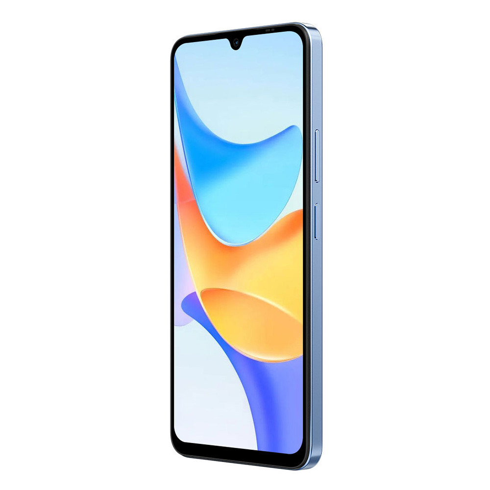 Ein blaues Smartphone mit einem tropfenförmigen Ausschnitt und einem bunten Hintergrund.