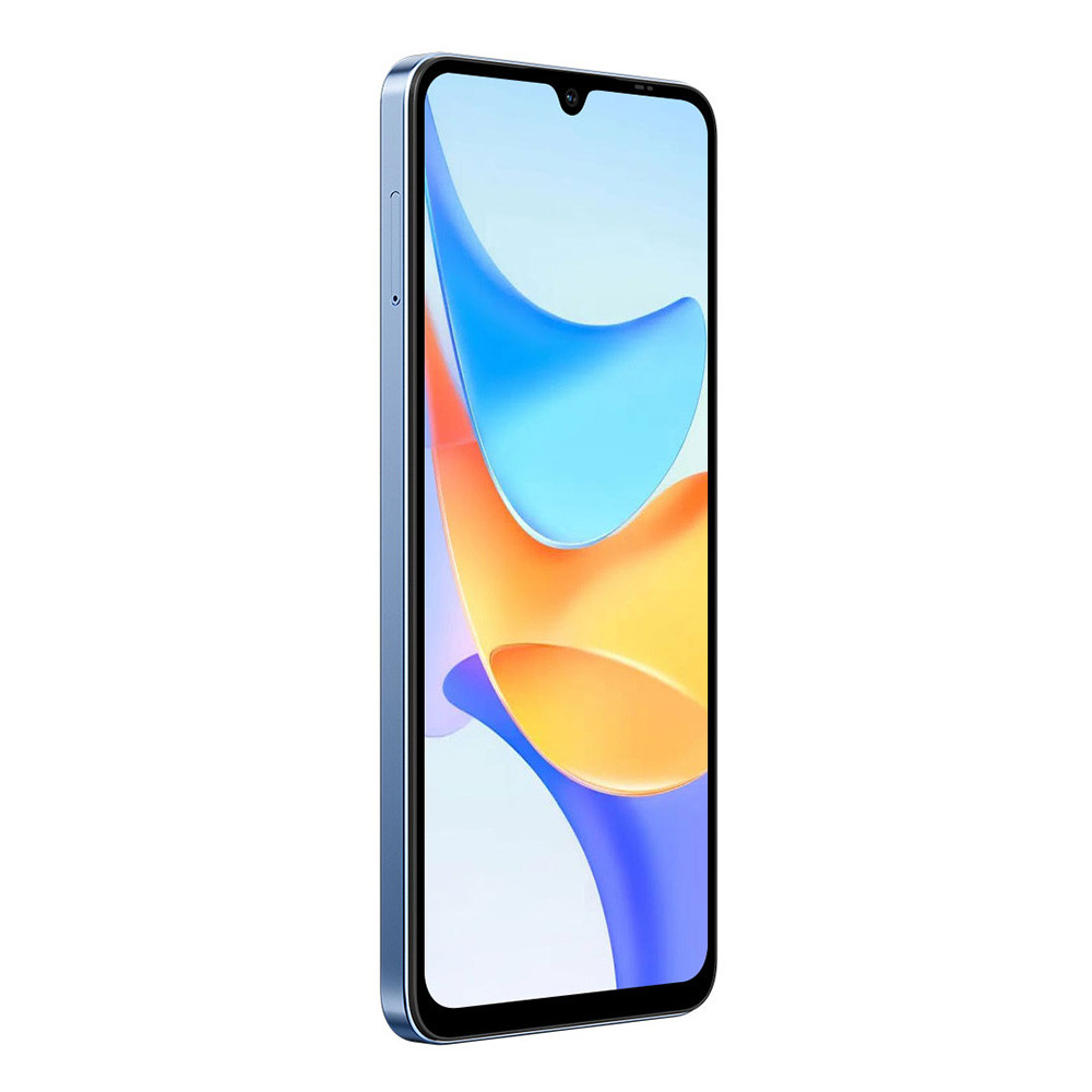 Ein blaues Smartphone mit einem tropfenförmigen Ausschnitt und einem bunten Hintergrundbild.