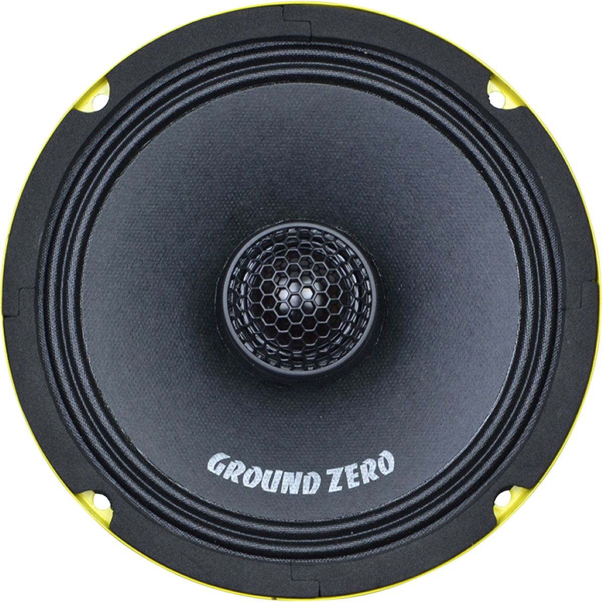 Schwarzer Lautsprecher mit gelbem Rand und "Ground Zero" Logo.