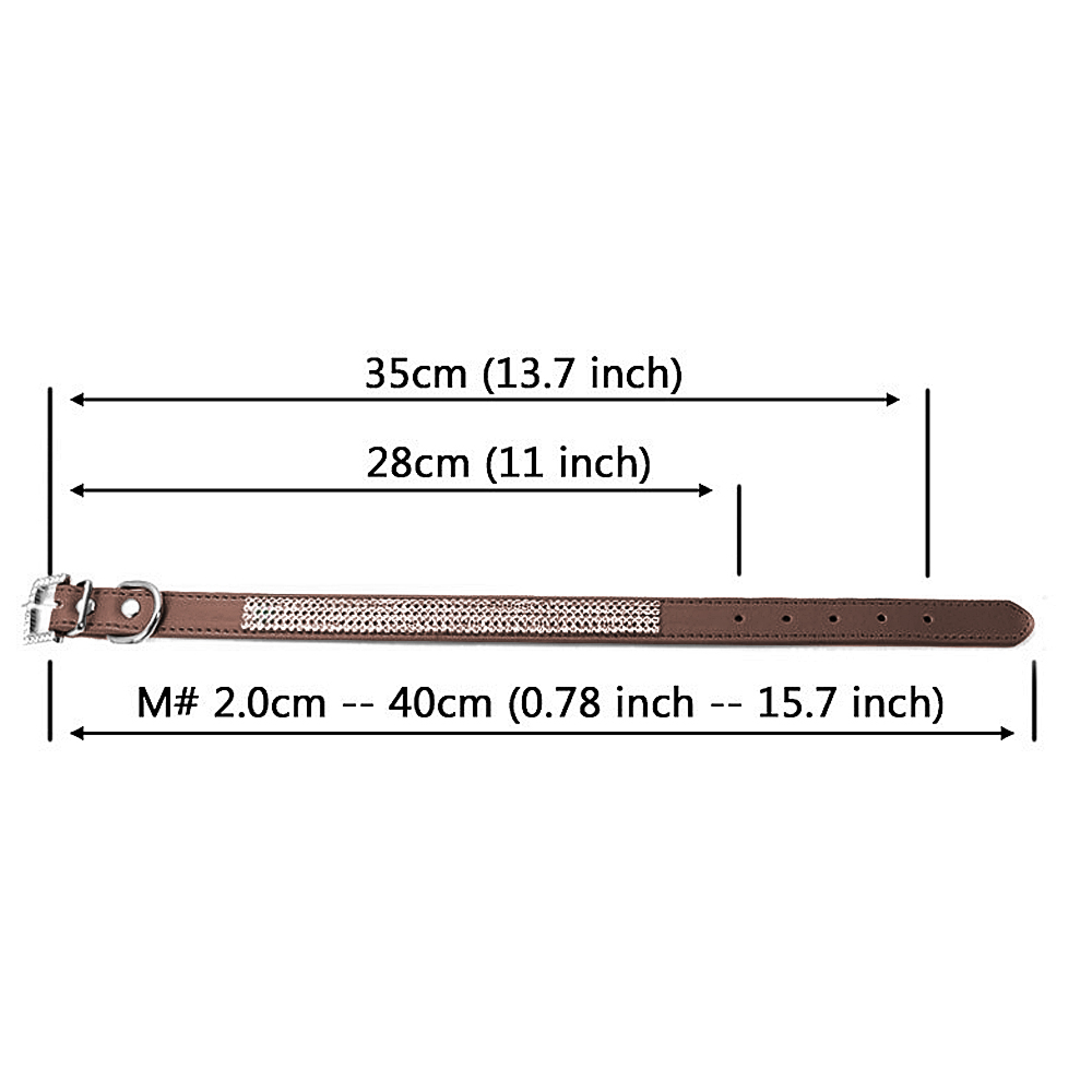 Braunes Hundehalsband mit Messungen: 35cm, 28cm, 40cm.