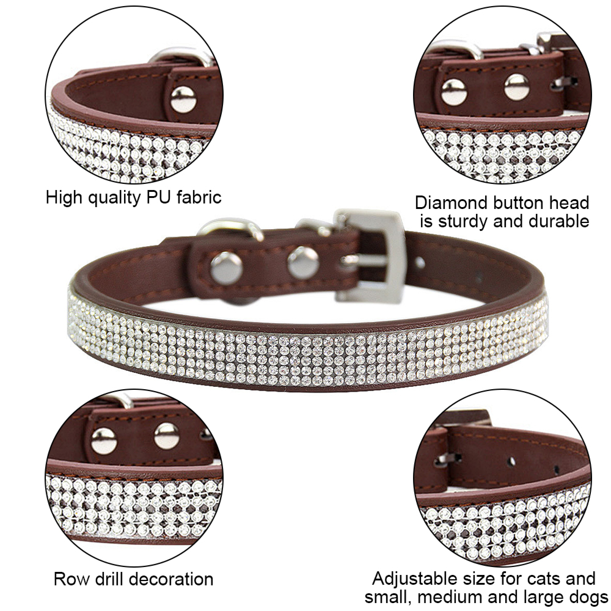 Braunes Hundehalsband mit Strassbesatz und Metallschnalle, verstellbar.