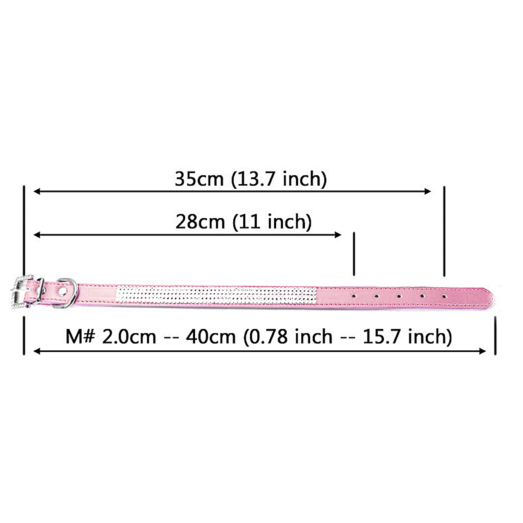 Ein rosa Hundehalsband mit Strasssteinen und Größenangaben.