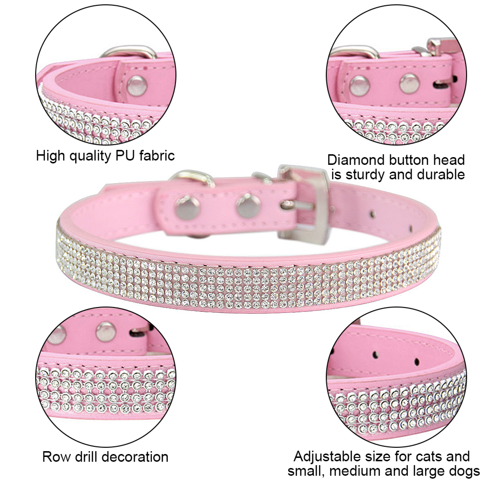 Ein rosafarbener Hundehalsband mit Strassbesatz und Metallschnalle.
