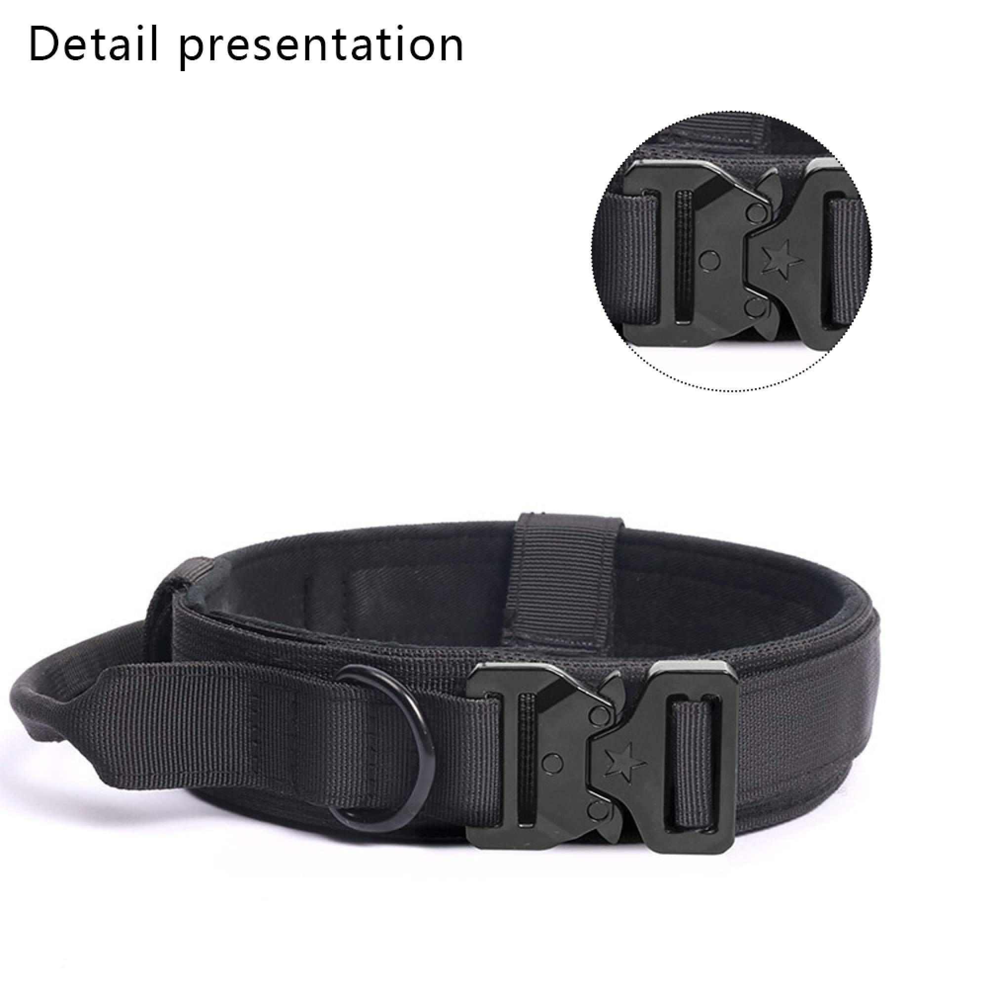 Schwarzer Hundehalsband mit Metallschnalle und D-Ring, Detailansicht.