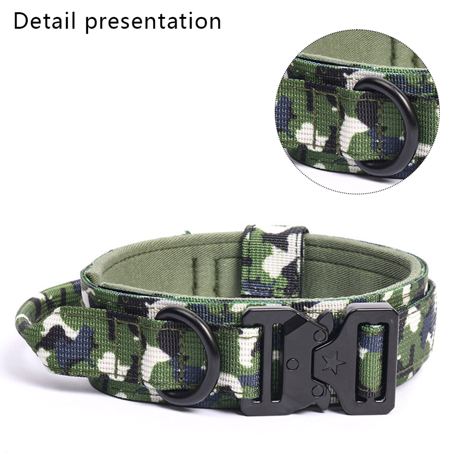 Ein camouflagefarbener Hundehalsband mit schwarzer Metallschnalle und Ring.