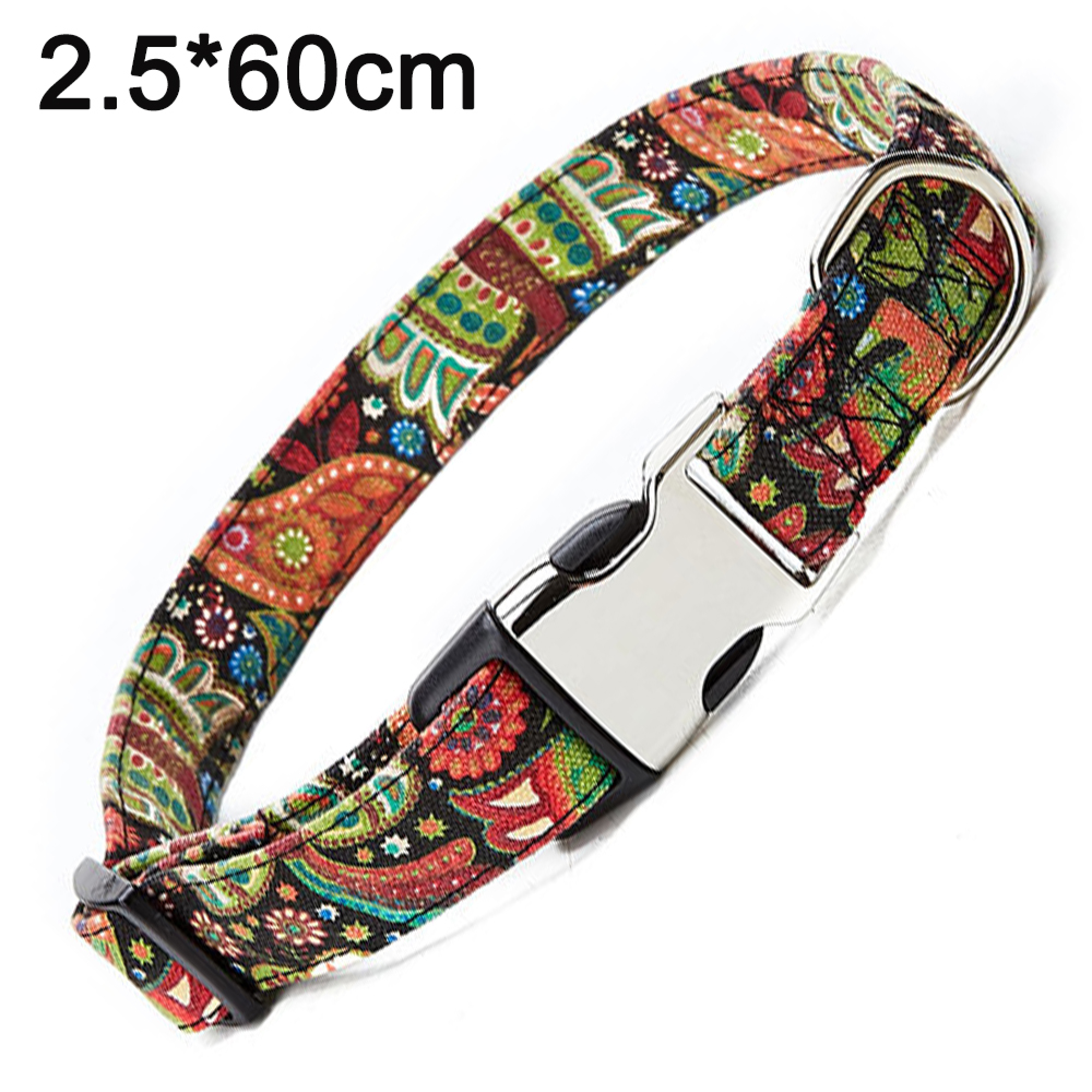 Buntes Hundehalsband mit Paisleymuster und Metallschnalle, 2,5x60cm.
