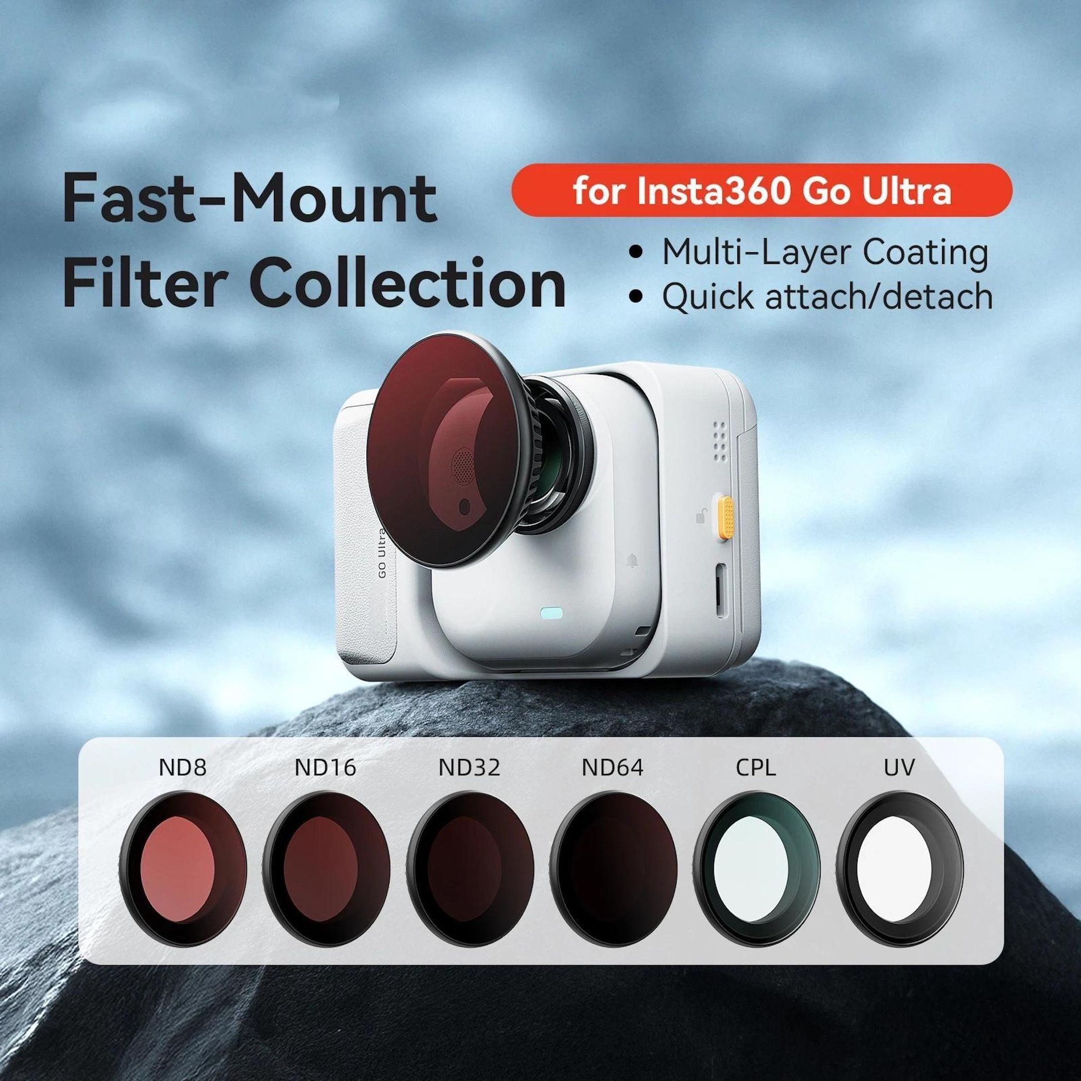 Fotocamera Insta360 Go Ultra con collezione filtri a montaggio rapido: ND8, ND16, ND32, ND64, CPL, UV.