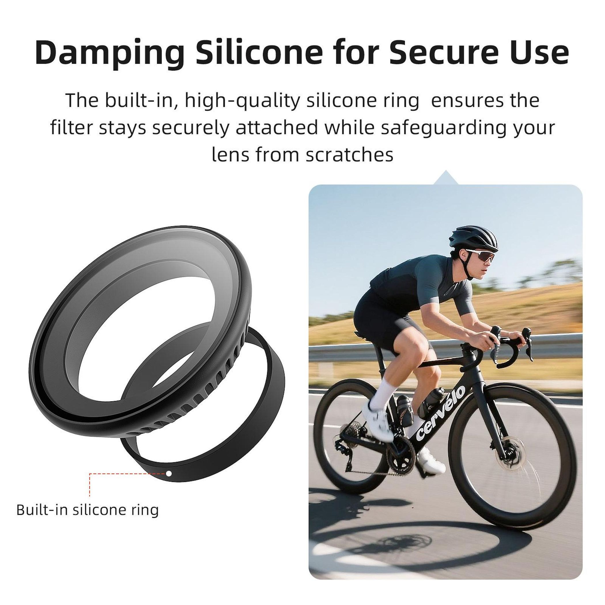 Anello filtro nero con silicone e uomo in bicicletta su strada.