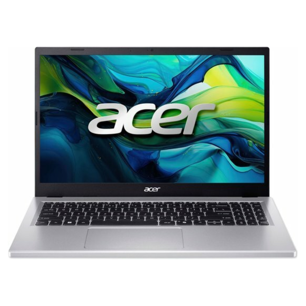 Een zilveren Acer laptop met een kleurrijke abstracte achtergrond op het scherm.